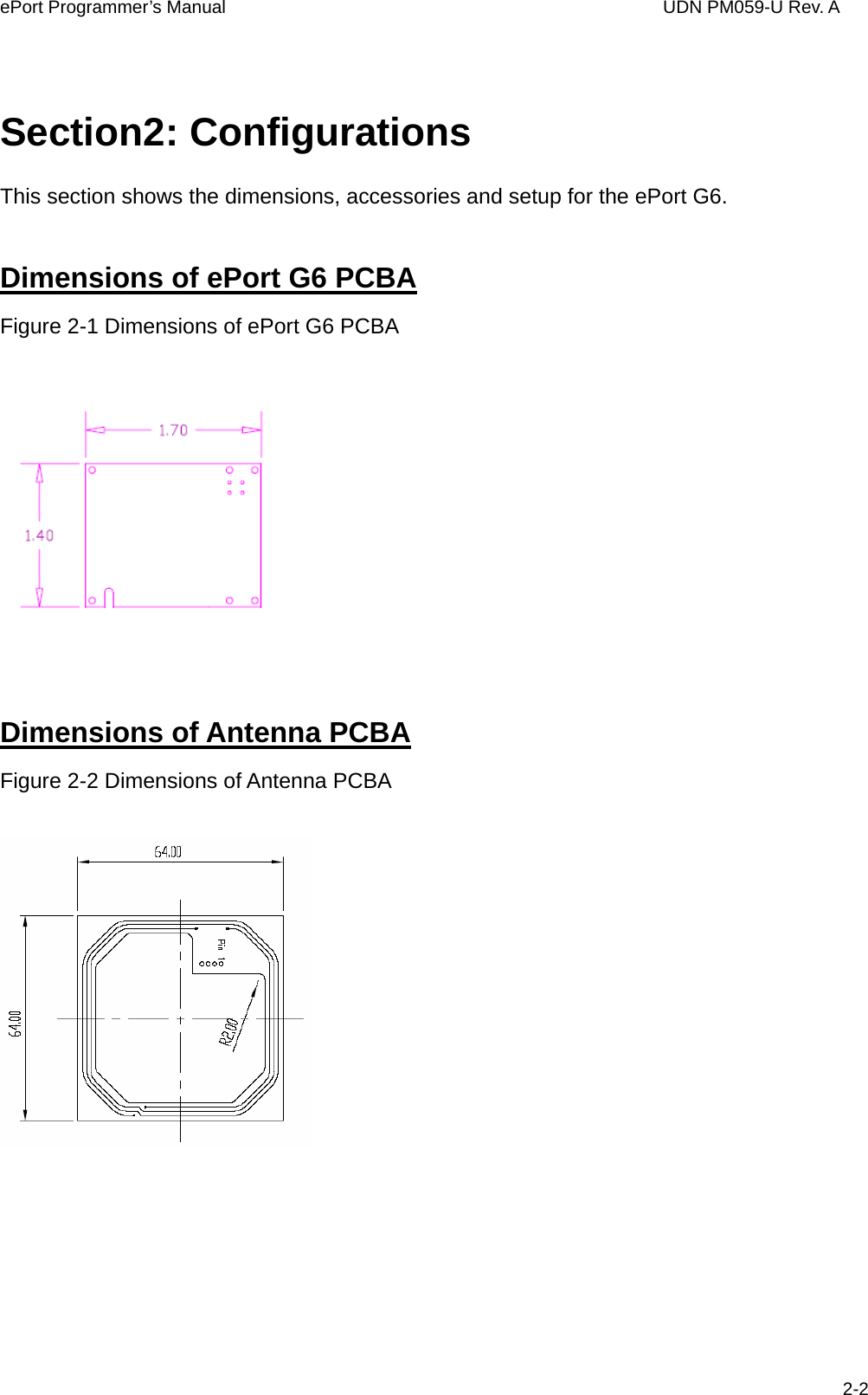 ePort Programmer’s Manual                                  UDN PM059-U Rev. A  2-2 Section2: Configurations This section shows the dimensions, accessories and setup for the ePort G6. Dimensions of ePort G6 PCBA Figure 2-1 Dimensions of ePort G6 PCBA         Dimensions of Antenna PCBA Figure 2-2 Dimensions of Antenna PCBA     