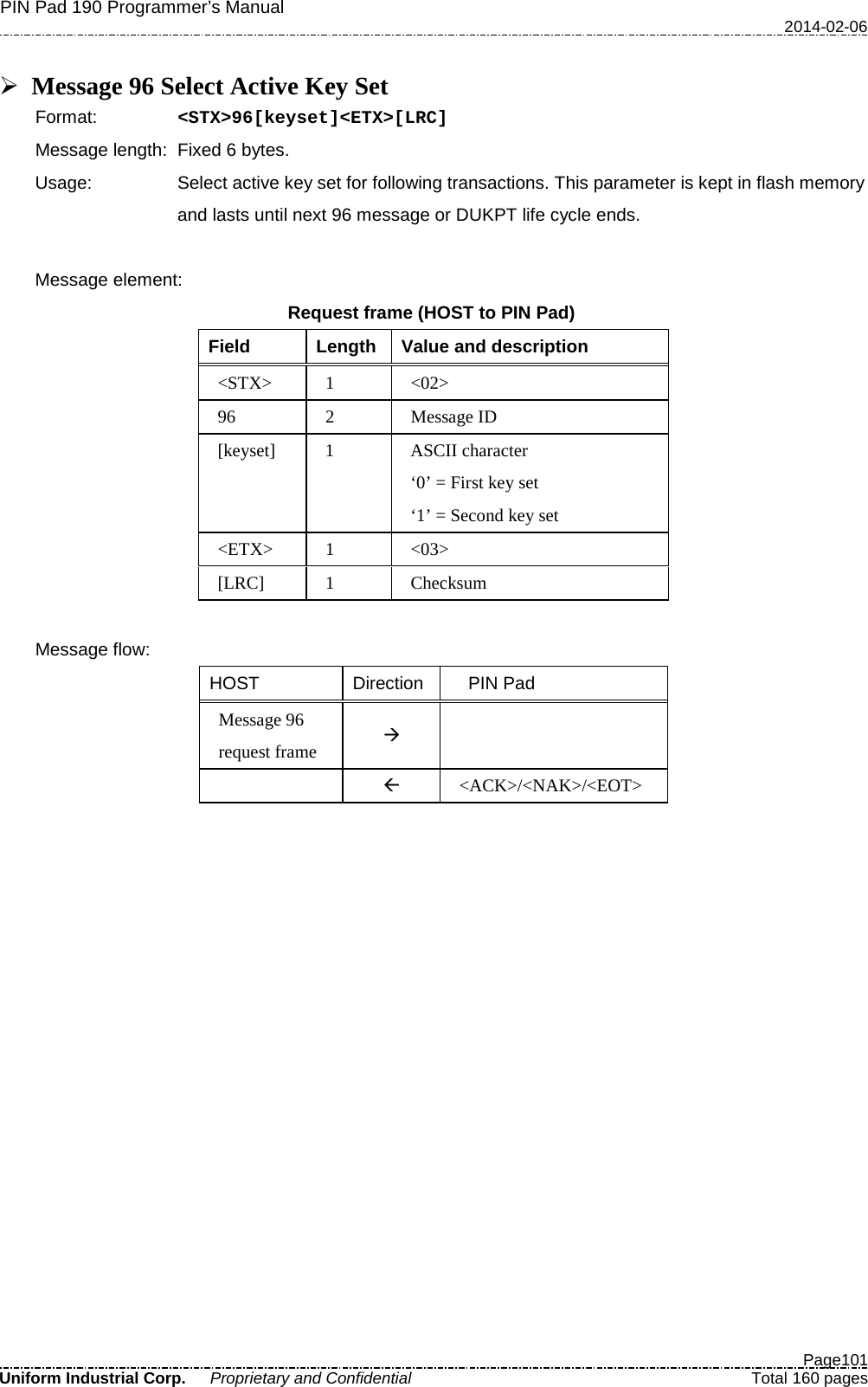 PIN Pad 190 Programmer’s Manual   2014-02-06  Page101 Uniform Industrial Corp. Proprietary and Confidential  Total 160 pages   Message 96 Select Active Key Set Format:   &lt;STX&gt;96[keyset]&lt;ETX&gt;[LRC] Message length: Fixed 6 bytes. Usage: Select active key set for following transactions. This parameter is kept in flash memory and lasts until next 96 message or DUKPT life cycle ends.  Message element:   Request frame (HOST to PIN Pad) Field  Length  Value and description &lt;STX&gt;  1  &lt;02&gt; 96  2  Message ID [keyset]  1  ASCII character ‘0’ = First key set ‘1’ = Second key set &lt;ETX&gt;  1  &lt;03&gt; [LRC]  1  Checksum  Message flow: HOST Direction   PIN Pad Message 96 request frame     &lt;ACK&gt;/&lt;NAK&gt;/&lt;EOT&gt;  