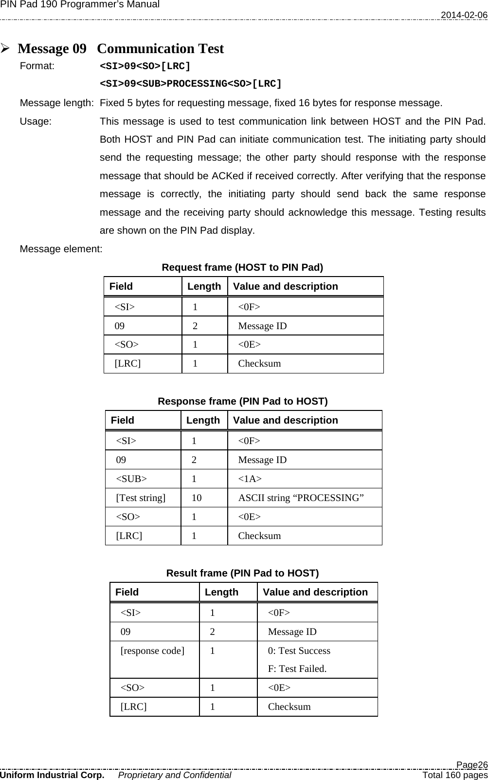 PIN Pad 190 Programmer’s Manual   2014-02-06  Page26 Uniform Industrial Corp. Proprietary and Confidential  Total 160 pages   Message 09 Communication Test Format:   &lt;SI&gt;09&lt;SO&gt;[LRC] &lt;SI&gt;09&lt;SUB&gt;PROCESSING&lt;SO&gt;[LRC] Message length: Fixed 5 bytes for requesting message, fixed 16 bytes for response message. Usage: This message is used to test communication link between HOST and the PIN Pad. Both HOST and PIN Pad can initiate communication test. The initiating party should send the requesting message; the other party should response with the response message that should be ACKed if received correctly. After verifying that the response message is correctly, the initiating party should send back the same response message and the receiving party should acknowledge this message. Testing results are shown on the PIN Pad display. Message element:   Request frame (HOST to PIN Pad) Field  Length  Value and description &lt;SI&gt;  1  &lt;0F&gt; 09  2  Message ID &lt;SO&gt;  1  &lt;0E&gt; [LRC]  1  Checksum  Response frame (PIN Pad to HOST) Field  Length  Value and description &lt;SI&gt;  1  &lt;0F&gt; 09  2  Message ID &lt;SUB&gt;  1  &lt;1A&gt; [Test string] 10 ASCII string “PROCESSING” &lt;SO&gt;  1  &lt;0E&gt; [LRC]  1  Checksum  Result frame (PIN Pad to HOST) Field  Length  Value and description &lt;SI&gt;  1  &lt;0F&gt; 09  2  Message ID [response code]  1  0: Test Success F: Test Failed. &lt;SO&gt;  1  &lt;0E&gt; [LRC]  1  Checksum   