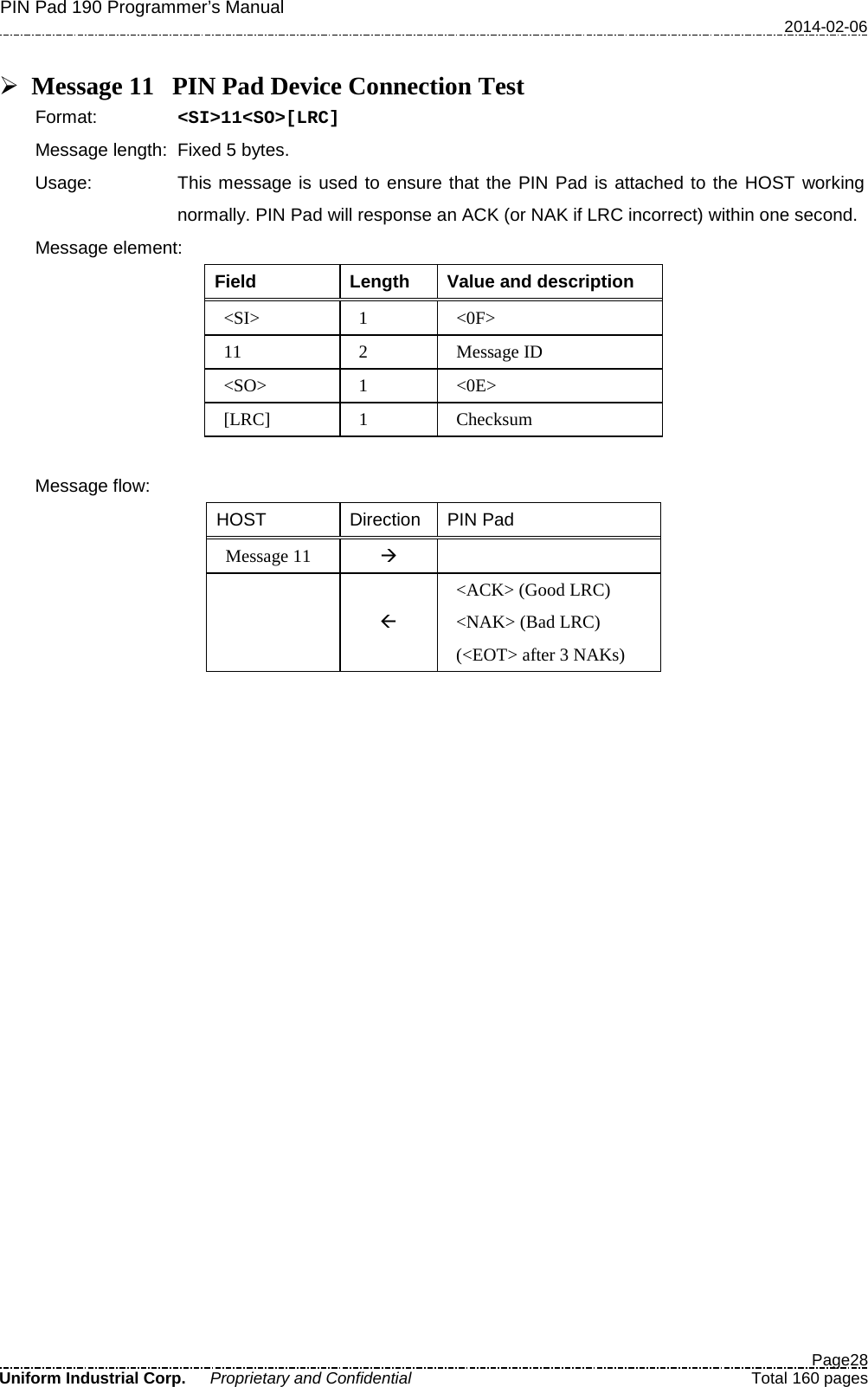 PIN Pad 190 Programmer’s Manual   2014-02-06  Page28 Uniform Industrial Corp. Proprietary and Confidential  Total 160 pages   Message 11 PIN Pad Device Connection Test Format:   &lt;SI&gt;11&lt;SO&gt;[LRC] Message length: Fixed 5 bytes. Usage: This message is used to ensure that the PIN Pad is attached to the HOST working normally. PIN Pad will response an ACK (or NAK if LRC incorrect) within one second. Message element: Field  Length  Value and description &lt;SI&gt;  1  &lt;0F&gt; 11  2  Message ID &lt;SO&gt;  1  &lt;0E&gt; [LRC]  1  Checksum  Message flow: HOST Direction PIN Pad Message 11     &lt;ACK&gt; (Good LRC) &lt;NAK&gt; (Bad LRC) (&lt;EOT&gt; after 3 NAKs)  