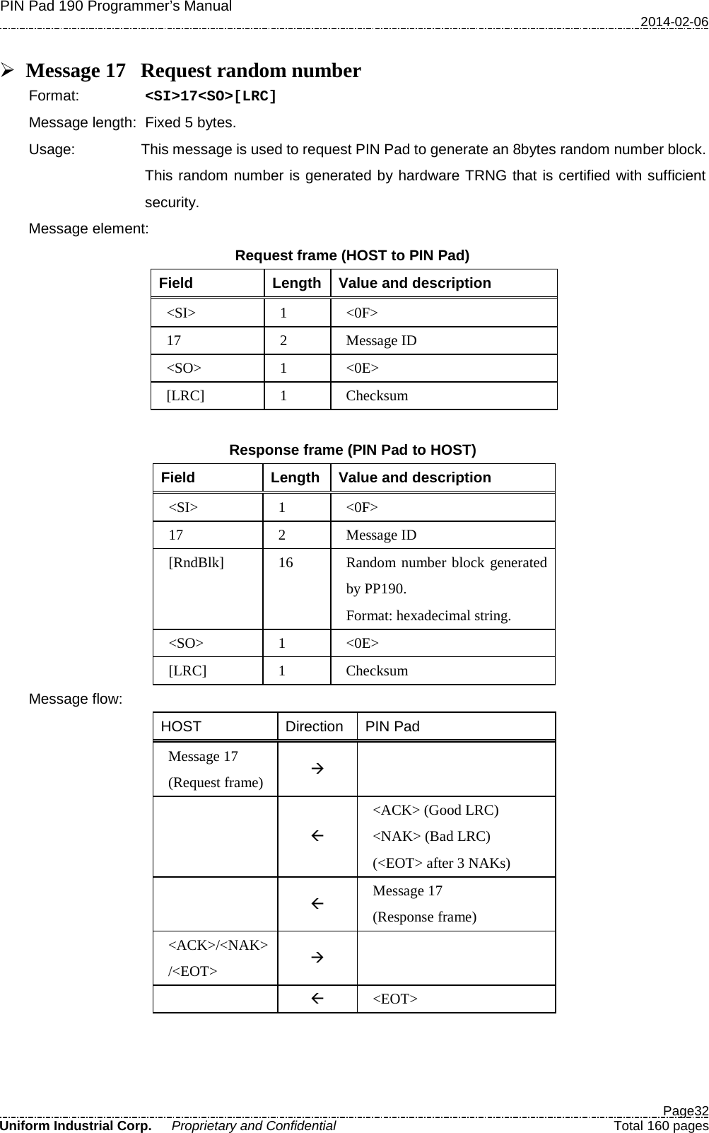 PIN Pad 190 Programmer’s Manual   2014-02-06  Page32 Uniform Industrial Corp. Proprietary and Confidential  Total 160 pages   Message 17  Request random number Format:   &lt;SI&gt;17&lt;SO&gt;[LRC] Message length: Fixed 5 bytes. Usage: This message is used to request PIN Pad to generate an 8bytes random number block. This random number is generated by hardware TRNG that is certified with sufficient security. Message element: Request frame (HOST to PIN Pad) Field  Length  Value and description &lt;SI&gt;  1  &lt;0F&gt; 17  2  Message ID &lt;SO&gt;  1  &lt;0E&gt; [LRC]  1  Checksum  Response frame (PIN Pad to HOST) Field  Length  Value and description &lt;SI&gt;  1  &lt;0F&gt; 17  2  Message ID [RndBlk]  16 Random number block generated by PP190.   Format: hexadecimal string. &lt;SO&gt;  1  &lt;0E&gt; [LRC]  1  Checksum Message flow: HOST Direction PIN Pad Message 17 (Request frame)     &lt;ACK&gt; (Good LRC) &lt;NAK&gt; (Bad LRC) (&lt;EOT&gt; after 3 NAKs)   Message 17 (Response frame) &lt;ACK&gt;/&lt;NAK&gt;/&lt;EOT&gt;     &lt;EOT&gt;   