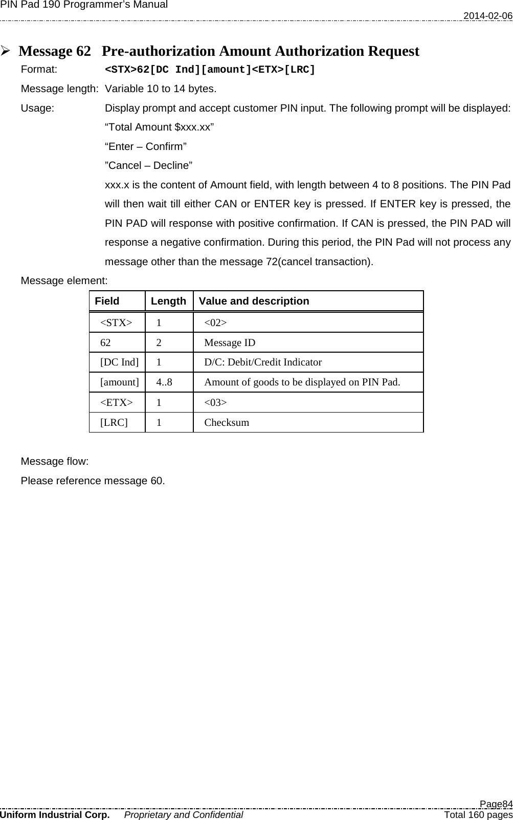 PIN Pad 190 Programmer’s Manual   2014-02-06  Page84 Uniform Industrial Corp. Proprietary and Confidential  Total 160 pages   Message 62 Pre-authorization Amount Authorization Request Format:   &lt;STX&gt;62[DC Ind][amount]&lt;ETX&gt;[LRC] Message length: Variable 10 to 14 bytes. Usage: Display prompt and accept customer PIN input. The following prompt will be displayed:  “Total Amount $xxx.xx” “Enter – Confirm” ”Cancel – Decline”  xxx.x is the content of Amount field, with length between 4 to 8 positions. The PIN Pad will then wait till either CAN or ENTER key is pressed. If ENTER key is pressed, the PIN PAD will response with positive confirmation. If CAN is pressed, the PIN PAD will response a negative confirmation. During this period, the PIN Pad will not process any message other than the message 72(cancel transaction). Message element:   Field  Length  Value and description &lt;STX&gt;  1  &lt;02&gt; 62  2  Message ID [DC Ind]  1  D/C: Debit/Credit Indicator [amount]  4..8  Amount of goods to be displayed on PIN Pad. &lt;ETX&gt;  1  &lt;03&gt; [LRC]  1  Checksum  Message flow: Please reference message 60. 