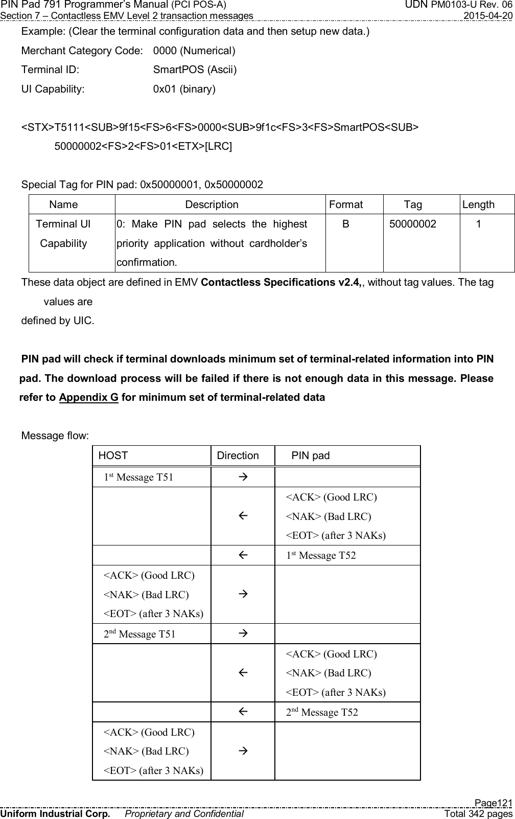 PIN Pad 791 Programmer’s Manual (PCI POS-A)  UDN PM0103-U Rev. 06 Section 7 – Contactless EMV Level 2 transaction messages  2015-04-20   Page121 Uniform Industrial Corp.  Proprietary and Confidential  Total 342 pages Example: (Clear the terminal configuration data and then setup new data.) Merchant Category Code:  0000 (Numerical) Terminal ID:      SmartPOS (Ascii) UI Capability:      0x01 (binary)  &lt;STX&gt;T5111&lt;SUB&gt;9f15&lt;FS&gt;6&lt;FS&gt;0000&lt;SUB&gt;9f1c&lt;FS&gt;3&lt;FS&gt;SmartPOS&lt;SUB&gt; 50000002&lt;FS&gt;2&lt;FS&gt;01&lt;ETX&gt;[LRC]  Special Tag for PIN pad: 0x50000001, 0x50000002 Name  Description  Format  Tag  Length Terminal UI Capability 0:  Make  PIN  pad  selects  the  highest priority  application  without  cardholder’s confirmation. B  50000002  1 These data object are defined in EMV Contactless Specifications v2.4,, without tag values. The tag values are   defined by UIC.  PIN pad will check if terminal downloads minimum set of terminal-related information into PIN pad. The download process will be failed if there is not enough data in this message. Please refer to Appendix G for minimum set of terminal-related data  Message flow: HOST  Direction      PIN pad 1st Message T51      &lt;ACK&gt; (Good LRC) &lt;NAK&gt; (Bad LRC) &lt;EOT&gt; (after 3 NAKs)   1st Message T52 &lt;ACK&gt; (Good LRC) &lt;NAK&gt; (Bad LRC) &lt;EOT&gt; (after 3 NAKs)   2nd Message T51      &lt;ACK&gt; (Good LRC) &lt;NAK&gt; (Bad LRC) &lt;EOT&gt; (after 3 NAKs)   2nd Message T52 &lt;ACK&gt; (Good LRC) &lt;NAK&gt; (Bad LRC) &lt;EOT&gt; (after 3 NAKs)   