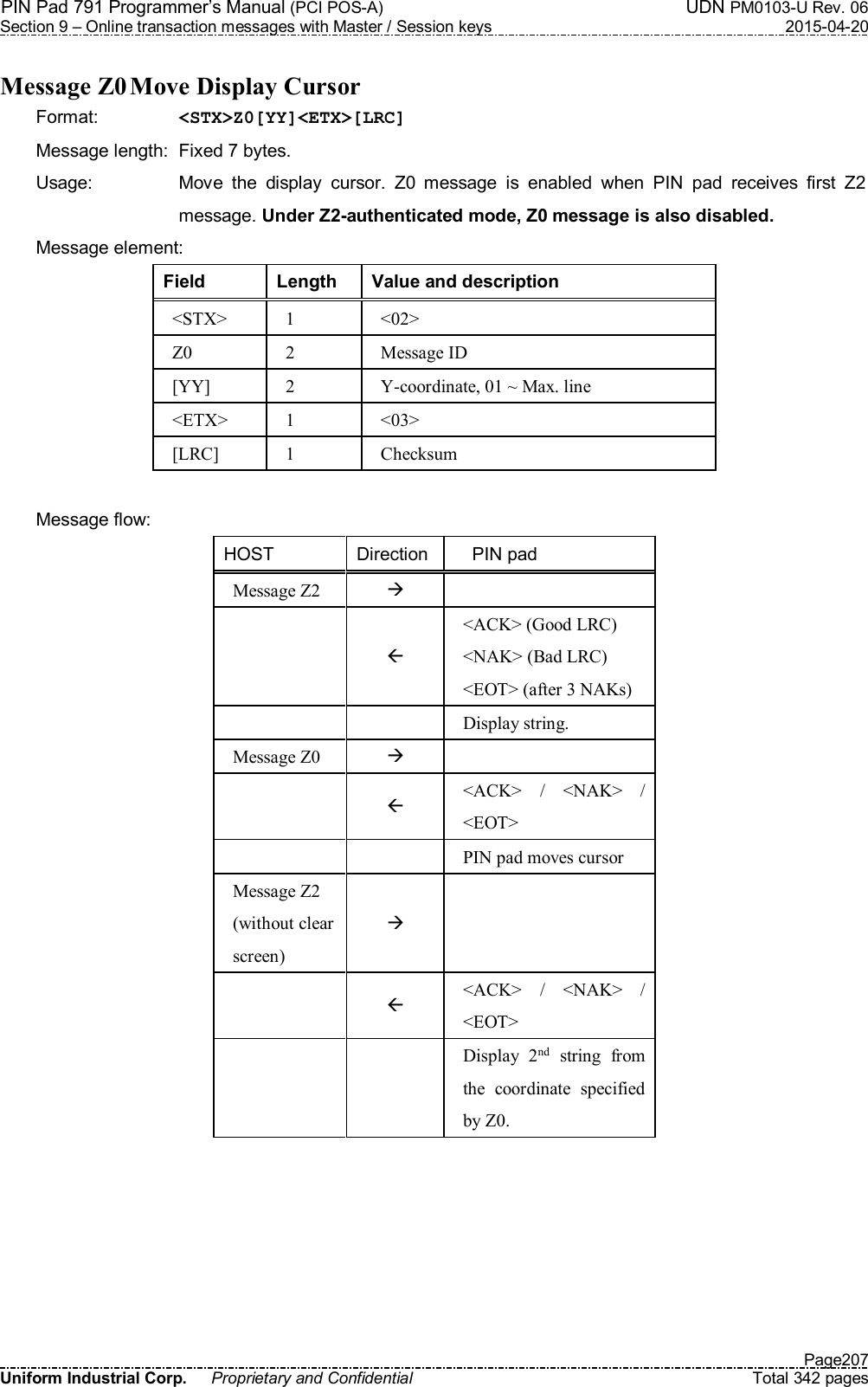 PIN Pad 791 Programmer’s Manual (PCI POS-A)  UDN PM0103-U Rev. 06 Section 9 – Online transaction messages with Master / Session keys  2015-04-20   Page207 Uniform Industrial Corp.  Proprietary and Confidential  Total 342 pages  Message Z0 Move Display Cursor Format:    &lt;STX&gt;Z0[YY]&lt;ETX&gt;[LRC] Message length:  Fixed 7 bytes. Usage:  Move  the  display  cursor.  Z0  message  is  enabled  when  PIN  pad  receives  first  Z2 message. Under Z2-authenticated mode, Z0 message is also disabled. Message element:   Field  Length  Value and description &lt;STX&gt;  1  &lt;02&gt; Z0  2  Message ID [YY]  2  Y-coordinate, 01 ~ Max. line &lt;ETX&gt;  1  &lt;03&gt; [LRC]  1  Checksum  Message flow: HOST  Direction      PIN pad Message Z2      &lt;ACK&gt; (Good LRC) &lt;NAK&gt; (Bad LRC) &lt;EOT&gt; (after 3 NAKs)     Display string. Message Z0      &lt;ACK&gt;  /  &lt;NAK&gt;  / &lt;EOT&gt;       PIN pad moves cursor Message Z2 (without clear screen)     &lt;ACK&gt;  /  &lt;NAK&gt;  / &lt;EOT&gt;     Display  2nd  string  from the  coordinate  specified by Z0.  