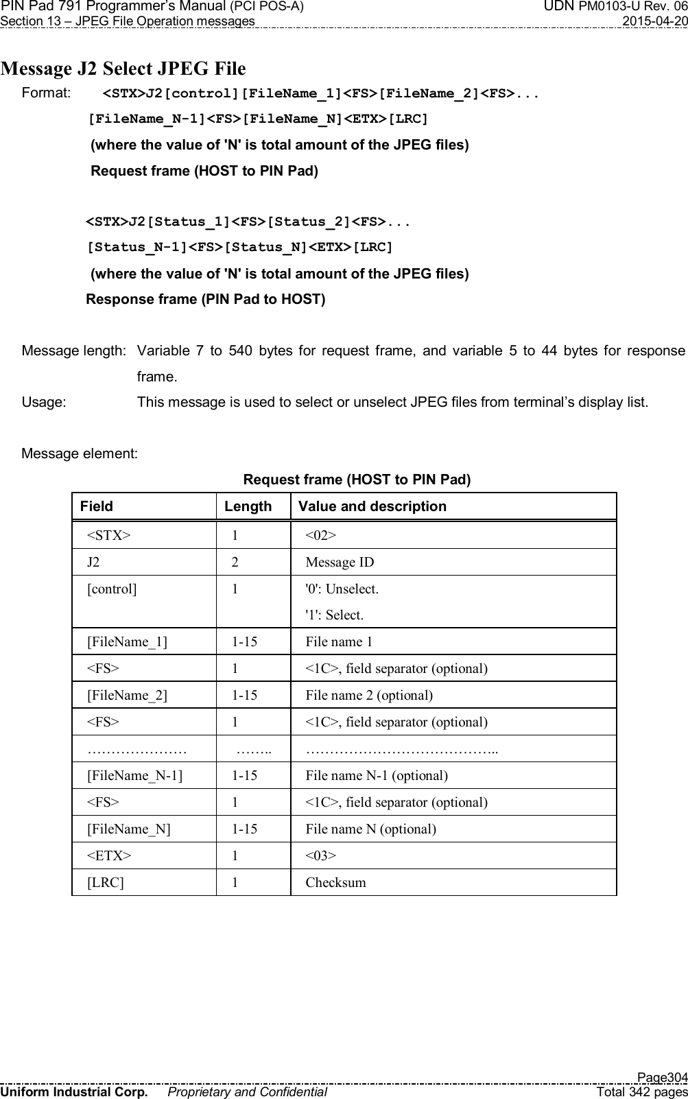 PIN Pad 791 Programmer’s Manual (PCI POS-A)  UDN PM0103-U Rev. 06 Section 13 – JPEG File Operation messages  2015-04-20   Page304 Uniform Industrial Corp.  Proprietary and Confidential  Total 342 pages  Message J2 Select JPEG File Format:  &lt;STX&gt;J2[control][FileName_1]&lt;FS&gt;[FileName_2]&lt;FS&gt;... [FileName_N-1]&lt;FS&gt;[FileName_N]&lt;ETX&gt;[LRC] (where the value of &apos;N&apos; is total amount of the JPEG files) Request frame (HOST to PIN Pad)  &lt;STX&gt;J2[Status_1]&lt;FS&gt;[Status_2]&lt;FS&gt;... [Status_N-1]&lt;FS&gt;[Status_N]&lt;ETX&gt;[LRC] (where the value of &apos;N&apos; is total amount of the JPEG files) Response frame (PIN Pad to HOST)  Message length:  Variable  7  to  540  bytes  for  request  frame,  and  variable  5  to  44  bytes  for  response frame. Usage:  This message is used to select or unselect JPEG files from terminal’s display list.  Message element: Request frame (HOST to PIN Pad) Field  Length  Value and description &lt;STX&gt;  1  &lt;02&gt; J2  2  Message ID [control]  1  &apos;0&apos;: Unselect. &apos;1&apos;: Select. [FileName_1]  1-15  File name 1 &lt;FS&gt;  1  &lt;1C&gt;, field separator (optional) [FileName_2]  1-15  File name 2 (optional) &lt;FS&gt;  1  &lt;1C&gt;, field separator (optional) …………………  ……..  ………………………………….. [FileName_N-1]  1-15  File name N-1 (optional) &lt;FS&gt;  1  &lt;1C&gt;, field separator (optional) [FileName_N]  1-15  File name N (optional) &lt;ETX&gt;  1  &lt;03&gt; [LRC]  1  Checksum  