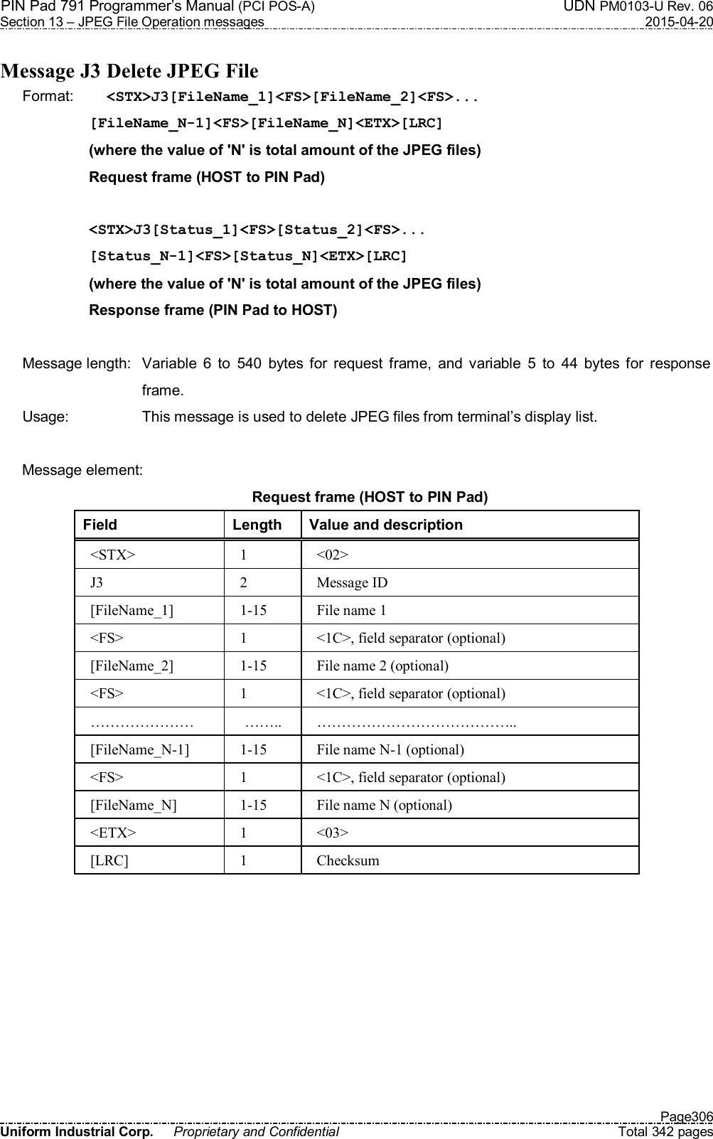 PIN Pad 791 Programmer’s Manual (PCI POS-A)  UDN PM0103-U Rev. 06 Section 13 – JPEG File Operation messages  2015-04-20   Page306 Uniform Industrial Corp.  Proprietary and Confidential  Total 342 pages  Message J3 Delete JPEG File Format:  &lt;STX&gt;J3[FileName_1]&lt;FS&gt;[FileName_2]&lt;FS&gt;... [FileName_N-1]&lt;FS&gt;[FileName_N]&lt;ETX&gt;[LRC] (where the value of &apos;N&apos; is total amount of the JPEG files) Request frame (HOST to PIN Pad)  &lt;STX&gt;J3[Status_1]&lt;FS&gt;[Status_2]&lt;FS&gt;... [Status_N-1]&lt;FS&gt;[Status_N]&lt;ETX&gt;[LRC] (where the value of &apos;N&apos; is total amount of the JPEG files) Response frame (PIN Pad to HOST)  Message length:  Variable  6  to  540  bytes  for  request  frame,  and  variable  5  to  44  bytes  for  response frame. Usage:  This message is used to delete JPEG files from terminal’s display list.  Message element: Request frame (HOST to PIN Pad) Field  Length  Value and description &lt;STX&gt;  1  &lt;02&gt; J3  2  Message ID [FileName_1]  1-15  File name 1 &lt;FS&gt;  1  &lt;1C&gt;, field separator (optional) [FileName_2]  1-15  File name 2 (optional) &lt;FS&gt;  1  &lt;1C&gt;, field separator (optional) …………………  ……..  ………………………………….. [FileName_N-1]  1-15  File name N-1 (optional) &lt;FS&gt;  1  &lt;1C&gt;, field separator (optional) [FileName_N]  1-15  File name N (optional) &lt;ETX&gt;  1  &lt;03&gt; [LRC]  1  Checksum  