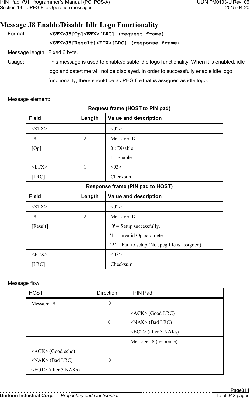 PIN Pad 791 Programmer’s Manual (PCI POS-A)  UDN PM0103-U Rev. 06 Section 13 – JPEG File Operation messages  2015-04-20   Page314 Uniform Industrial Corp.  Proprietary and Confidential  Total 342 pages  Message J8 Enable/Disable Idle Logo Functionality Format:    &lt;STX&gt;J8[Op]&lt;ETX&gt;[LRC] (request frame)         &lt;STX&gt;J8[Result]&lt;ETX&gt;[LRC] (response frame) Message length:  Fixed 6 byte. Usage:  This message is used to enable/disable idle logo functionality. When it is enabled, idle logo and date/time will not be displayed. In order to successfully enable idle logo functionality, there should be a JPEG file that is assigned as idle logo.  Message element: Request frame (HOST to PIN pad) Field  Length  Value and description &lt;STX&gt;  1  &lt;02&gt; J8  2  Message ID [Op]  1  0 : Disable 1 : Enable &lt;ETX&gt;  1  &lt;03&gt; [LRC]  1  Checksum Response frame (PIN pad to HOST) Field  Length  Value and description &lt;STX&gt;  1  &lt;02&gt; J8  2  Message ID [Result]  1  &apos;0&apos; = Setup successfully. &apos;1&apos; = Invalid Op parameter. ‘2’ = Fail to setup (No Jpeg file is assigned) &lt;ETX&gt;  1  &lt;03&gt; [LRC]  1  Checksum  Message flow: HOST  Direction      PIN Pad Message J8      &lt;ACK&gt; (Good LRC) &lt;NAK&gt; (Bad LRC) &lt;EOT&gt; (after 3 NAKs)     Message J8 (response) &lt;ACK&gt; (Good echo) &lt;NAK&gt; (Bad LRC) &lt;EOT&gt; (after 3 NAKs)    