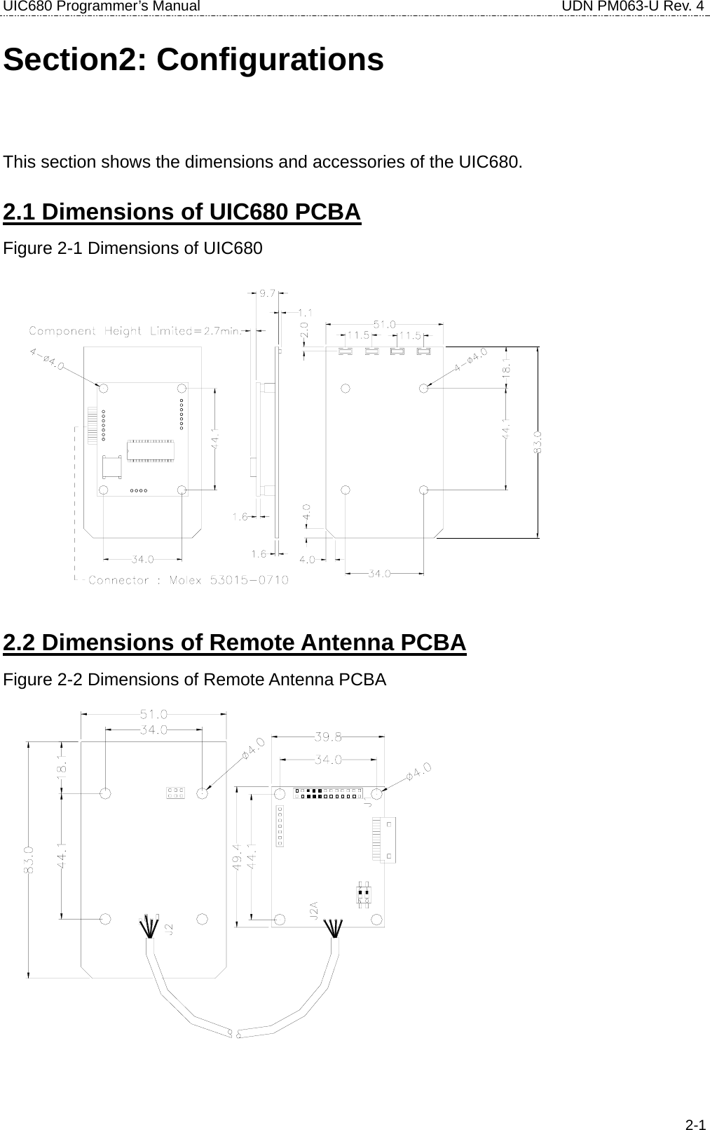 UIC680 Programmer’s Manual                                     UDN PM063-U Rev. 4  2-1Section2: Configurations This section shows the dimensions and accessories of the UIC680. 2.1 Dimensions of UIC680 PCBA Figure 2-1 Dimensions of UIC680  2.2 Dimensions of Remote Antenna PCBA Figure 2-2 Dimensions of Remote Antenna PCBA  