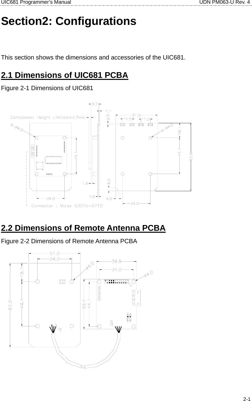 UIC681 Programmer’s Manual                                     UDN PM063-U Rev. 4  2-1Section2: Configurations This section shows the dimensions and accessories of the UIC681. 2.1 Dimensions of UIC681 PCBA Figure 2-1 Dimensions of UIC681  2.2 Dimensions of Remote Antenna PCBA Figure 2-2 Dimensions of Remote Antenna PCBA  