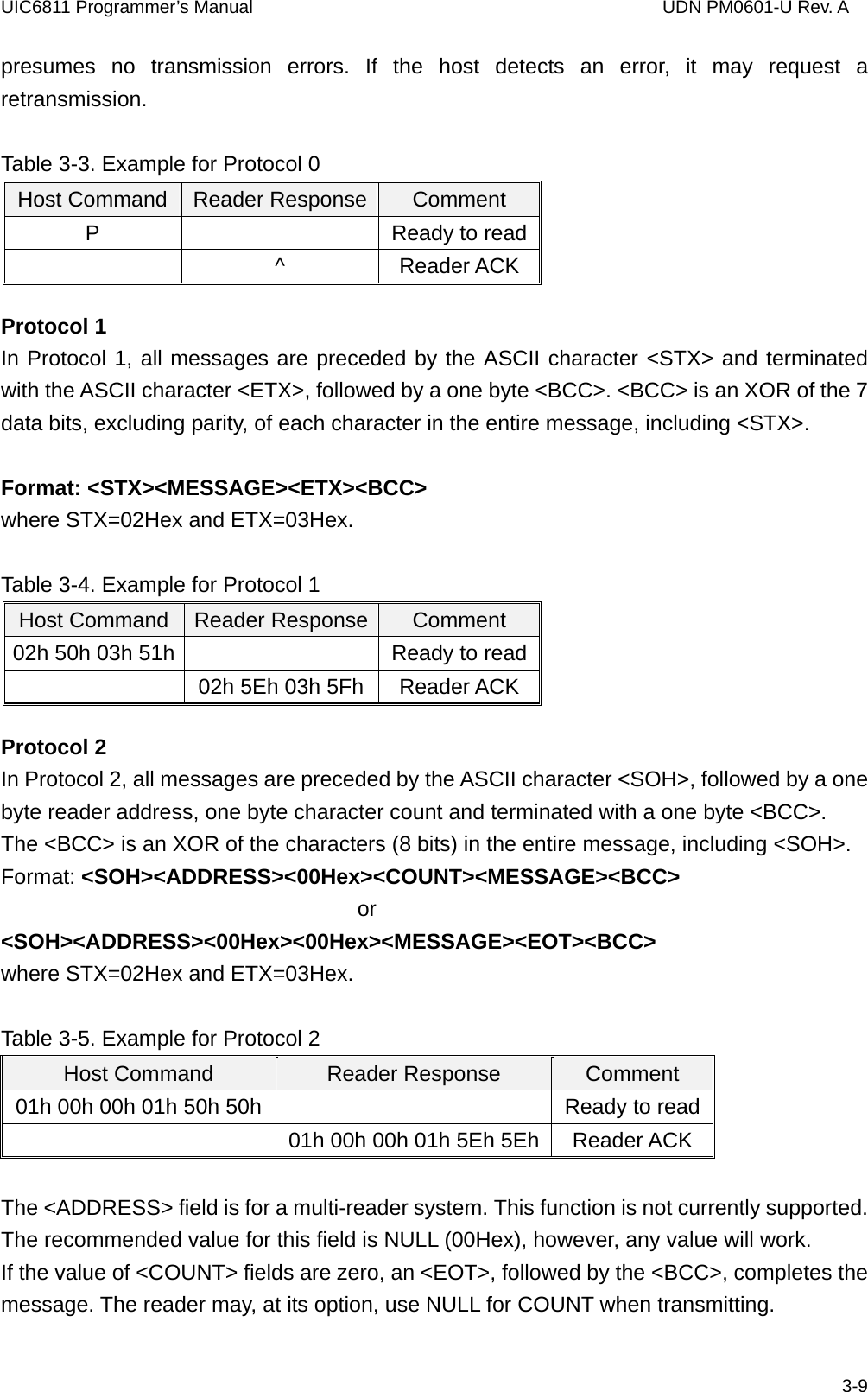 UIC6811 Programmer’s Manual                                  UDN PM0601-U Rev. A presumes no transmission errors. If the host detects an error, it may request a retransmission.  Table 3-3. Example for Protocol 0     Protocol 1 In Protocol 1, all messages are preceded by the ASCII character &lt;STX&gt; and terminated with the ASCII character &lt;ETX&gt;, followed by a one byte &lt;BCC&gt;. &lt;BCC&gt; is an XOR of the 7 data bits, excluding parity, of each character in the entire message, including &lt;STX&gt;.  Format: &lt;STX&gt;&lt;MESSAGE&gt;&lt;ETX&gt;&lt;BCC&gt; where STX=02Hex and ETX=03Hex.  Table 3-4. Example for Protocol 1     Host Command  Reader Response Comment P    Ready to read ^ Reader ACK Host Command  Reader Response Comment 02h 50h 03h 51h    Ready to read  02h 5Eh 03h 5Fh Reader ACK Protocol 2 In Protocol 2, all messages are preceded by the ASCII character &lt;SOH&gt;, followed by a one byte reader address, one byte character count and terminated with a one byte &lt;BCC&gt;. The &lt;BCC&gt; is an XOR of the characters (8 bits) in the entire message, including &lt;SOH&gt;. Format: &lt;SOH&gt;&lt;ADDRESS&gt;&lt;00Hex&gt;&lt;COUNT&gt;&lt;MESSAGE&gt;&lt;BCC&gt;                                  or &lt;SOH&gt;&lt;ADDRESS&gt;&lt;00Hex&gt;&lt;00Hex&gt;&lt;MESSAGE&gt;&lt;EOT&gt;&lt;BCC&gt; where STX=02Hex and ETX=03Hex.  Table 3-5. Example for Protocol 2 Host Command  Reader Response  Comment 01h 00h 00h 01h 50h 50h    Ready to read   01h 00h 00h 01h 5Eh 5Eh Reader ACK  The &lt;ADDRESS&gt; field is for a multi-reader system. This function is not currently supported. The recommended value for this field is NULL (00Hex), however, any value will work. If the value of &lt;COUNT&gt; fields are zero, an &lt;EOT&gt;, followed by the &lt;BCC&gt;, completes the message. The reader may, at its option, use NULL for COUNT when transmitting.   3-9