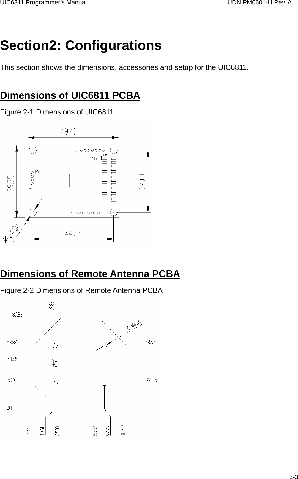 UIC6811 Programmer’s Manual                                  UDN PM0601-U Rev. A  Section2: Configurations This section shows the dimensions, accessories and setup for the UIC6811. Dimensions of UIC6811 PCBA Figure 2-1 Dimensions of UIC6811  Dimensions of Remote Antenna PCBA Figure 2-2 Dimensions of Remote Antenna PCBA      2-3