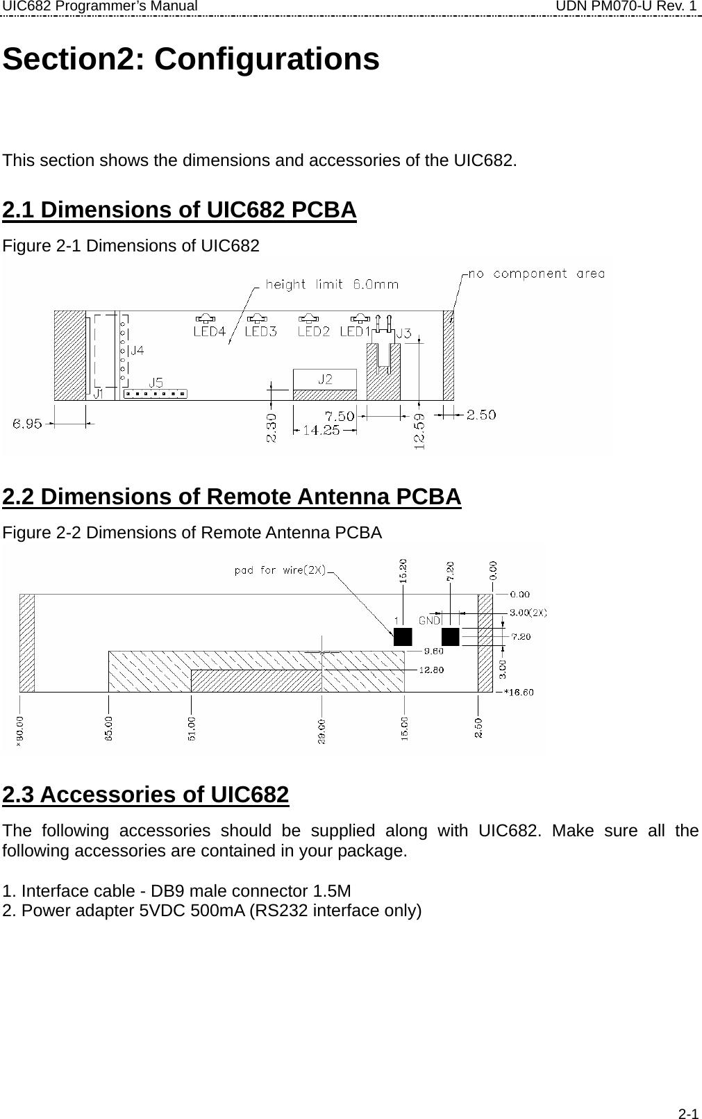 UIC682 Programmer’s Manual                                     UDN PM070-U Rev. 1 Section2: Configurations This section shows the dimensions and accessories of the UIC682. 2.1 Dimensions of UIC682 PCBA Figure 2-1 Dimensions of UIC682  2.2 Dimensions of Remote Antenna PCBA Figure 2-2 Dimensions of Remote Antenna PCBA  2.3 Accessories of UIC682 The following accessories should be supplied along with UIC682. Make sure all the following accessories are contained in your package.  1. Interface cable - DB9 male connector 1.5M 2. Power adapter 5VDC 500mA (RS232 interface only)    2-1