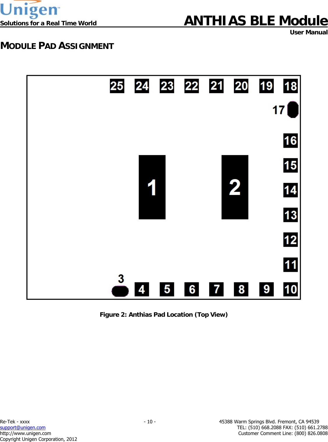  Solutions for a Real Time World ANTHIAS BLE Module    User Manual Re-Tek - xxxx                                                                           - 10 -                                          45388 Warm Springs Blvd. Fremont, CA 94539 support@unigen.com                     TEL: (510) 668.2088 FAX: (510) 661.2788 http://www.unigen.com  Customer Comment Line: (800) 826.0808 Copyright Unigen Corporation, 2012 MODULE PAD ASSIGNMENT   Figure 2: Anthias Pad Location (Top View)          