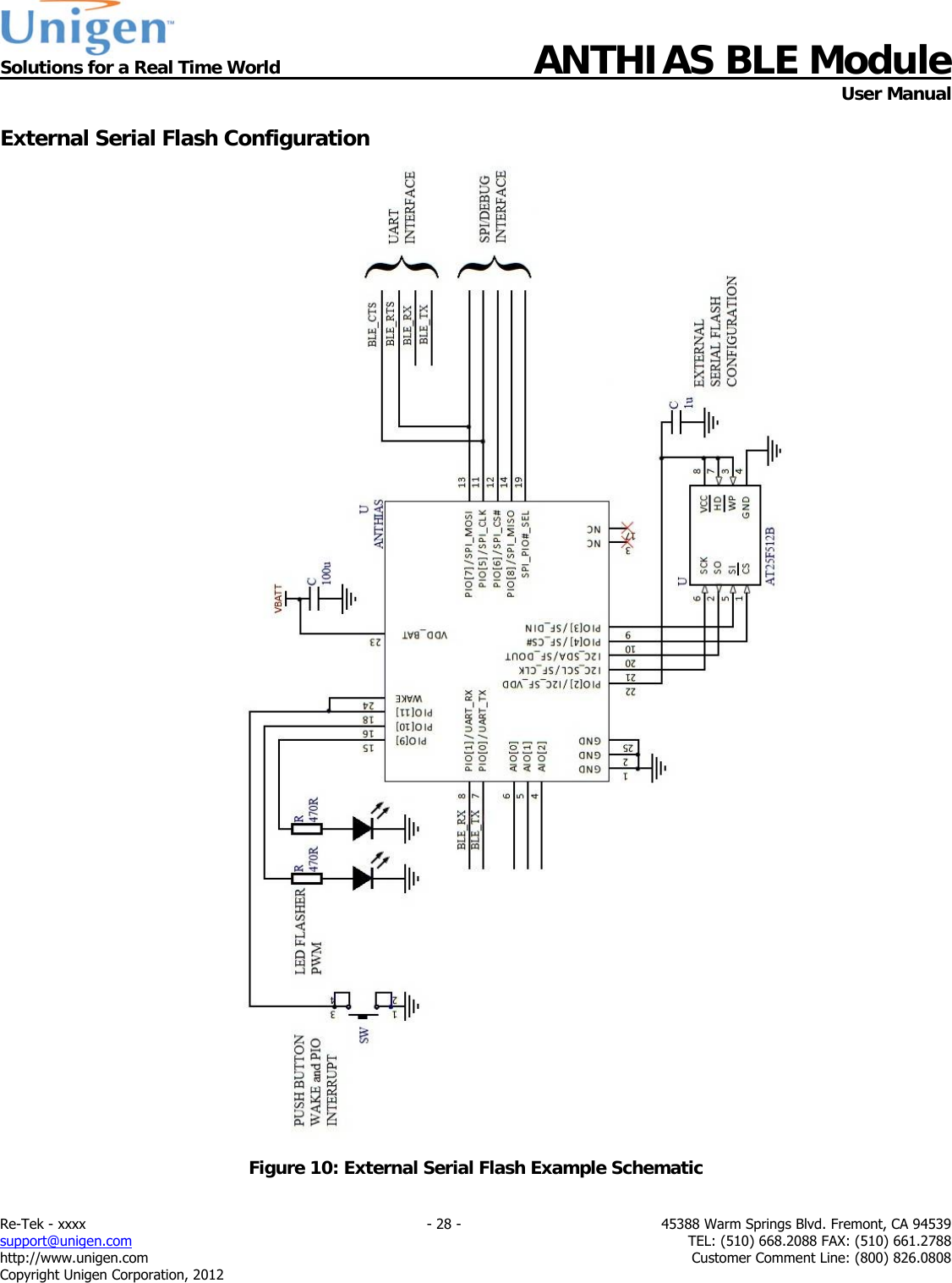  Solutions for a Real Time World ANTHIAS BLE Module    User Manual Re-Tek - xxxx    - 28 -  45388 Warm Springs Blvd. Fremont, CA 94539 support@unigen.com    TEL: (510) 668.2088 FAX: (510) 661.2788 http://www.unigen.com  Customer Comment Line: (800) 826.0808 Copyright Unigen Corporation, 2012 External Serial Flash Configuration                                        Figure 10: External Serial Flash Example Schematic 