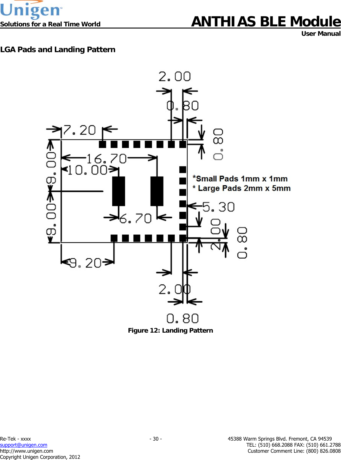  Solutions for a Real Time World ANTHIAS BLE Module    User Manual Re-Tek - xxxx                                                                           - 30 -                                          45388 Warm Springs Blvd. Fremont, CA 94539 support@unigen.com                     TEL: (510) 668.2088 FAX: (510) 661.2788 http://www.unigen.com  Customer Comment Line: (800) 826.0808 Copyright Unigen Corporation, 2012 LGA Pads and Landing Pattern   Figure 12: Landing Pattern 