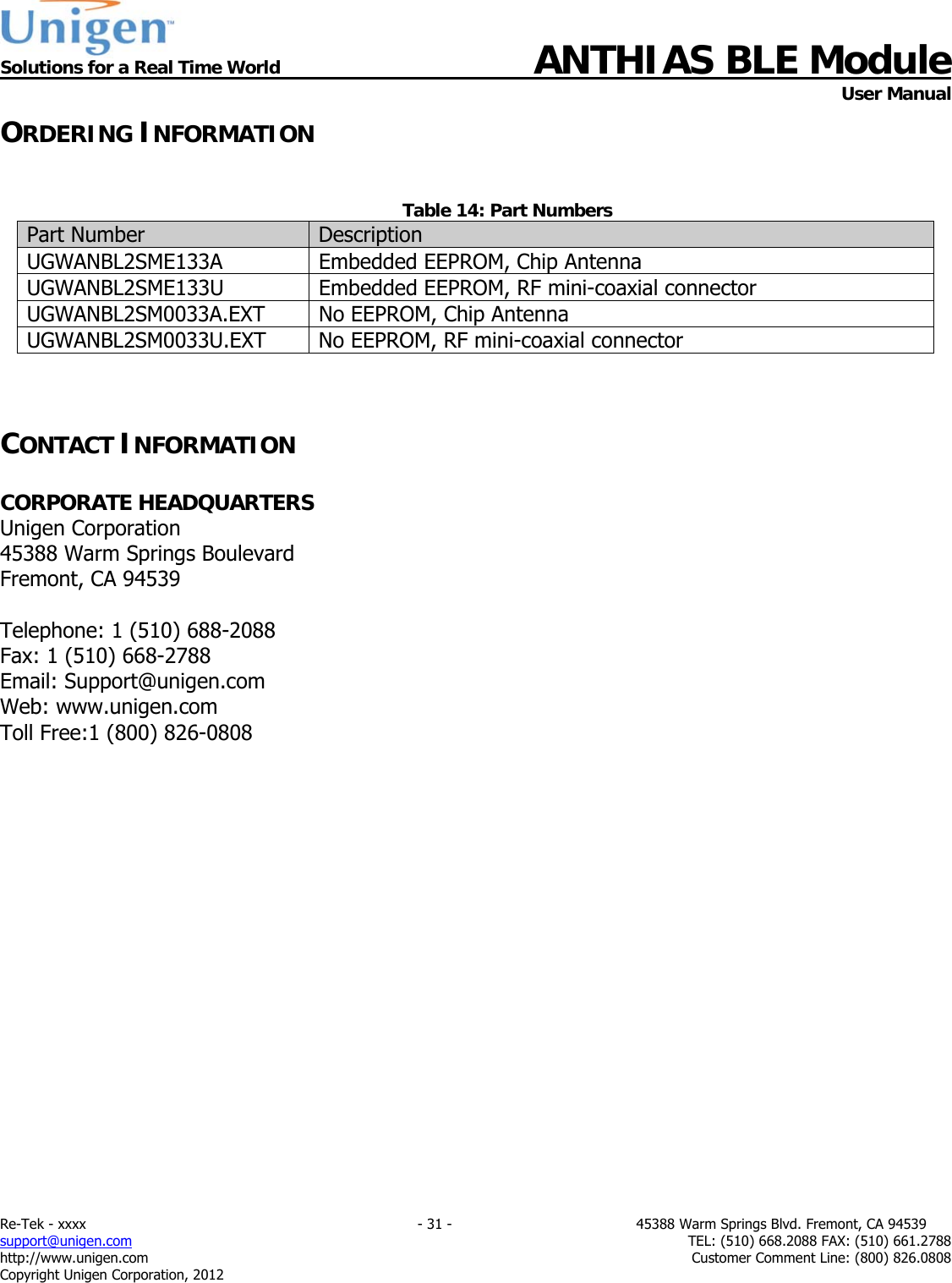  Solutions for a Real Time World ANTHIAS BLE Module    User Manual Re-Tek - xxxx                                                                           - 31 -                                          45388 Warm Springs Blvd. Fremont, CA 94539 support@unigen.com                     TEL: (510) 668.2088 FAX: (510) 661.2788 http://www.unigen.com  Customer Comment Line: (800) 826.0808 Copyright Unigen Corporation, 2012 ORDERING INFORMATION   Table 14: Part Numbers Part Number  Description UGWANBL2SME133A  Embedded EEPROM, Chip Antenna UGWANBL2SME133U  Embedded EEPROM, RF mini-coaxial connector UGWANBL2SM0033A.EXT  No EEPROM, Chip Antenna UGWANBL2SM0033U.EXT No EEPROM, RF mini-coaxial connector   CONTACT INFORMATION  CORPORATE HEADQUARTERS  Unigen Corporation  45388 Warm Springs Boulevard  Fremont, CA 94539   Telephone: 1 (510) 688-2088 Fax: 1 (510) 668-2788 Email: Support@unigen.com Web: www.unigen.com Toll Free:1 (800) 826-0808                   