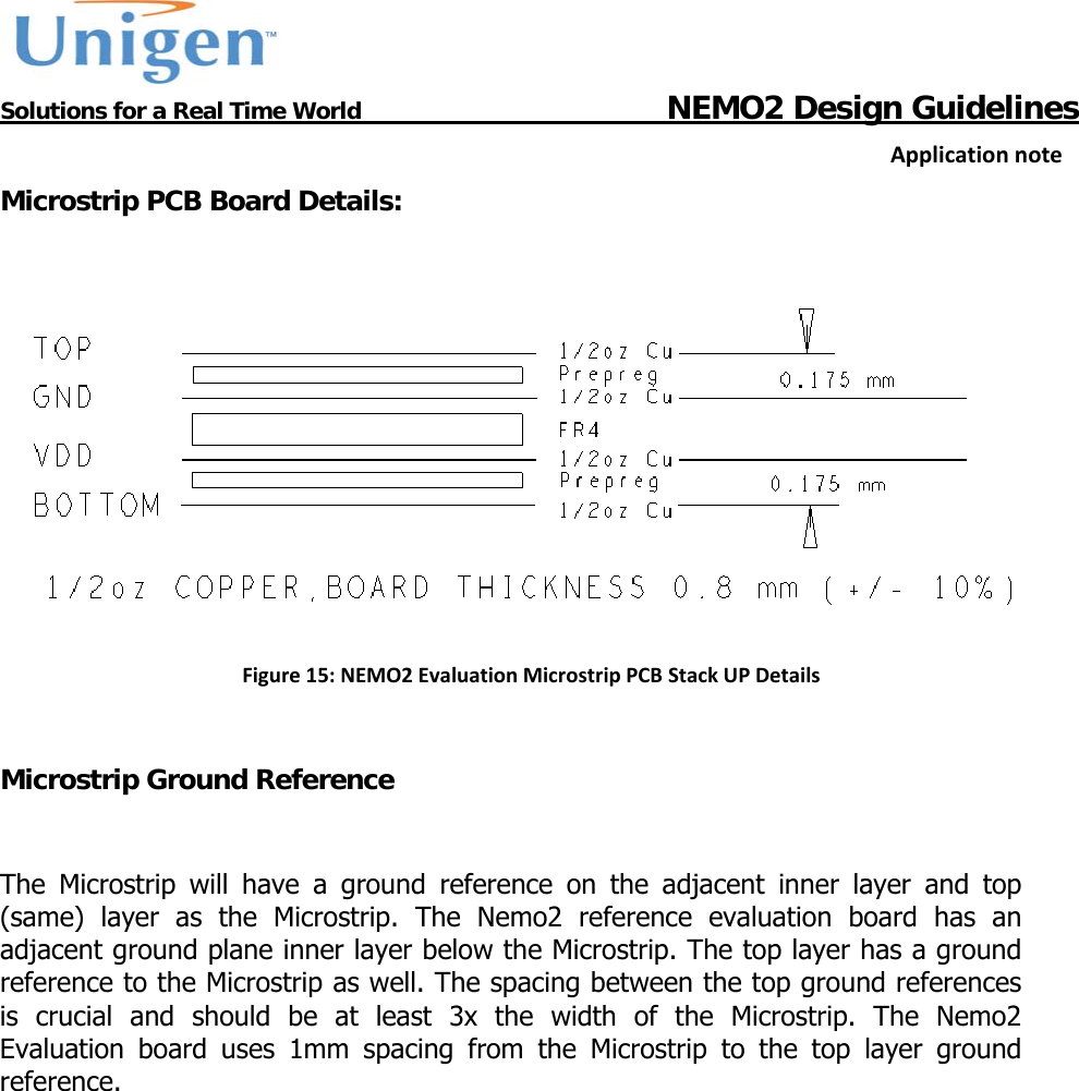           Solutions for a Real Time World                                  NEMO2 Design GuidelinesApplicationnoteMicrostrip PCB Board Details:    Figure15:NEMO2EvaluationMicrostripPCBStackUPDetails Microstrip Ground Reference The Microstrip will have a ground reference on the adjacent inner layer and top (same) layer as the Microstrip. The Nemo2 reference evaluation board has an adjacent ground plane inner layer below the Microstrip. The top layer has a ground reference to the Microstrip as well. The spacing between the top ground references is crucial and should be at least 3x the width of the Microstrip. The Nemo2 Evaluation board uses 1mm spacing from the Microstrip to the top layer ground reference.  