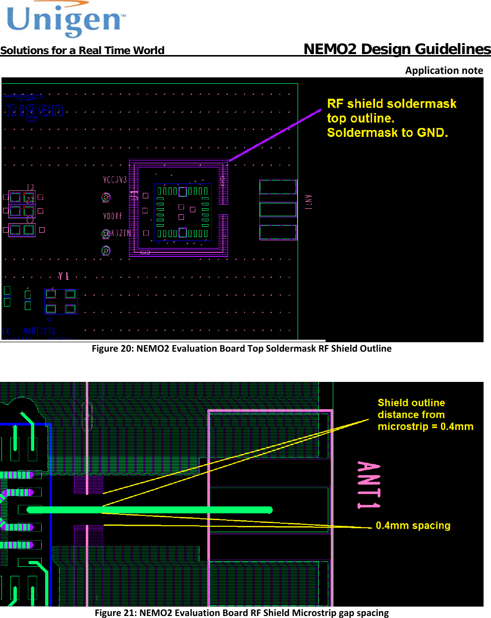           Solutions for a Real Time World                                  NEMO2 Design GuidelinesApplicationnote Figure20:NEMO2EvaluationBoardTopSoldermaskRFShieldOutline  Figure21:NEMO2EvaluationBoardRFShieldMicrostripgapspacing