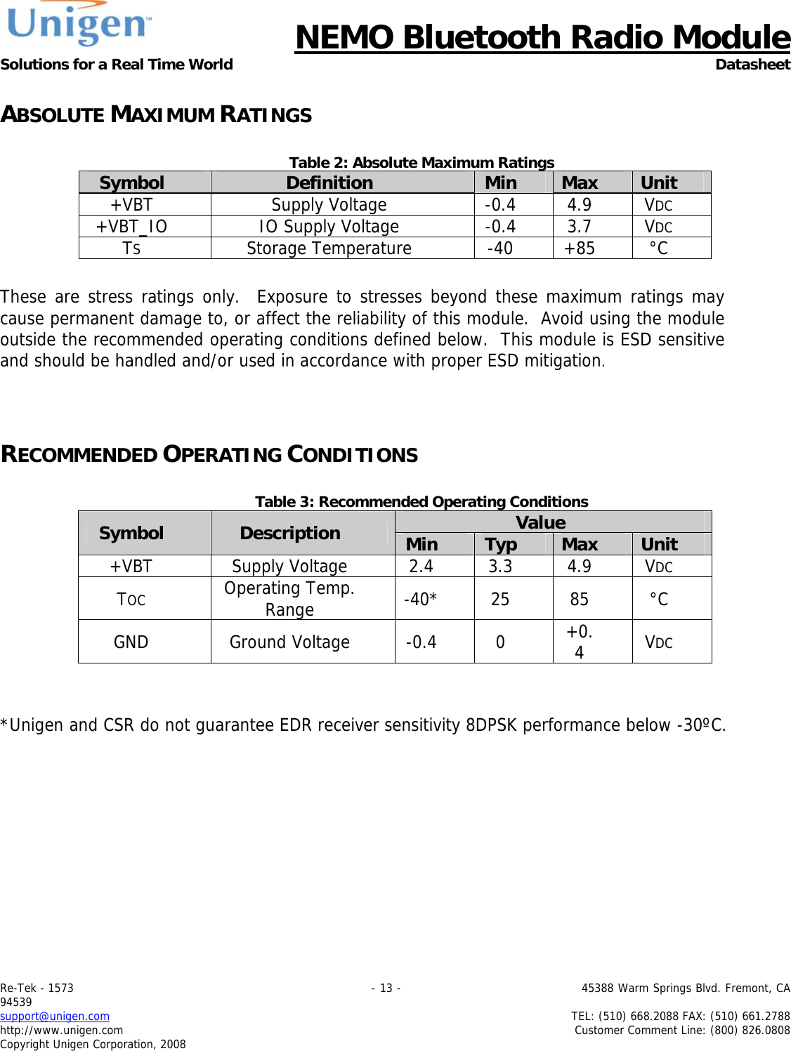      NEMO Bluetooth Radio Module Solutions for a Real Time World Datasheet Re-Tek - 1573                                                                                 - 13 -                                          45388 Warm Springs Blvd. Fremont, CA 94539 support@unigen.com                     TEL: (510) 668.2088 FAX: (510) 661.2788 http://www.unigen.com  Customer Comment Line: (800) 826.0808 Copyright Unigen Corporation, 2008 ABSOLUTE MAXIMUM RATINGS  Table 2: Absolute Maximum Ratings Symbol  Definition  Min  Max  Unit +VBT Supply Voltage -0.4 4.9 VDC +VBT_IO IO Supply Voltage -0.4 3.7 VDC TS Storage Temperature -40 +85 &deg;C  These are stress ratings only.  Exposure to stresses beyond these maximum ratings may cause permanent damage to, or affect the reliability of this module.  Avoid using the module outside the recommended operating conditions defined below.  This module is ESD sensitive and should be handled and/or used in accordance with proper ESD mitigation.   RECOMMENDED OPERATING CONDITIONS  Table 3: Recommended Operating Conditions Value Symbol  Description  Min  Typ  Max  Unit +VBT  Supply Voltage  2.4 3.3 4.9 VDC TOC Operating Temp. Range  -40* 25  85  &deg;C GND Ground Voltage -0.4 0 +0.4  VDC  *Unigen and CSR do not guarantee EDR receiver sensitivity 8DPSK performance below -30&ordm;C.  