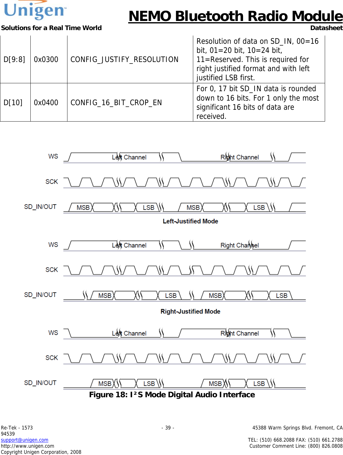      NEMO Bluetooth Radio Module Solutions for a Real Time World Datasheet Re-Tek - 1573                                                                                 - 39 -                                          45388 Warm Springs Blvd. Fremont, CA 94539 support@unigen.com                     TEL: (510) 668.2088 FAX: (510) 661.2788 http://www.unigen.com  Customer Comment Line: (800) 826.0808 Copyright Unigen Corporation, 2008 D[9:8] 0x0300  CONFIG_JUSTIFY_RESOLUTION Resolution of data on SD_IN, 00=16 bit, 01=20 bit, 10=24 bit, 11=Reserved. This is required for right justified format and with left justified LSB first. D[10] 0x0400 CONFIG_16_BIT_CROP_EN For 0, 17 bit SD_IN data is rounded down to 16 bits. For 1 only the most significant 16 bits of data are received.    Figure 18: I&sup2;S Mode Digital Audio Interface 