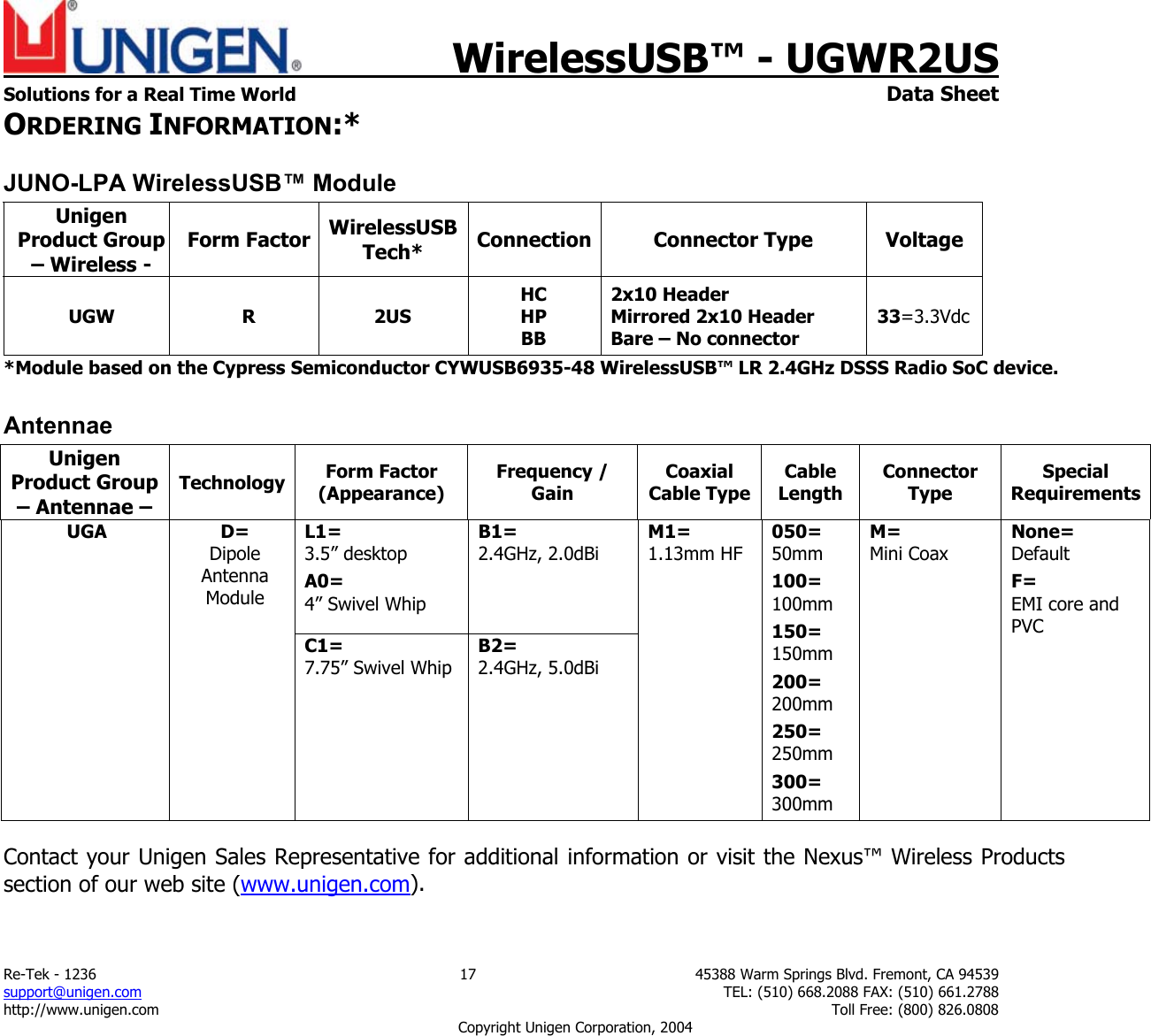    WirelessUSB&trade; - UGWR2US  Solutions for a Real Time World   Data Sheet Re-Tek - 1236  17  45388 Warm Springs Blvd. Fremont, CA 94539 support@unigen.com    TEL: (510) 668.2088 FAX: (510) 661.2788 http://www.unigen.com    Toll Free: (800) 826.0808 Copyright Unigen Corporation, 2004 ORDERING INFORMATION:* JUNO-LPA WirelessUSB&trade; Module Unigen Product Group &ndash; Wireless -  Form Factor  WirelessUSB Tech*  Connection Connector Type  Voltage UGW R 2US HC HP BB 2x10 Header Mirrored 2x10 Header Bare &ndash; No connector 33=3.3Vdc *Module based on the Cypress Semiconductor CYWUSB6935-48 WirelessUSB&trade; LR 2.4GHz DSSS Radio SoC device.   Antennae Unigen Product Group &ndash; Antennae &ndash; Technology  Form Factor (Appearance) Frequency / Gain Coaxial Cable Type Cable Length Connector Type Special RequirementsL1= 3.5&rdquo; desktop A0= 4&rdquo; Swivel Whip B1= 2.4GHz, 2.0dBi  UGA D= Dipole Antenna Module C1= 7.75&rdquo; Swivel Whip B2= 2.4GHz, 5.0dBi  M1= 1.13mm HF 050= 50mm 100= 100mm 150= 150mm 200= 200mm 250= 250mm 300= 300mm M= Mini Coax None= Default F= EMI core and PVC Contact your Unigen Sales Representative for additional information or visit the Nexus&trade; Wireless Products section of our web site (www.unigen.com). 