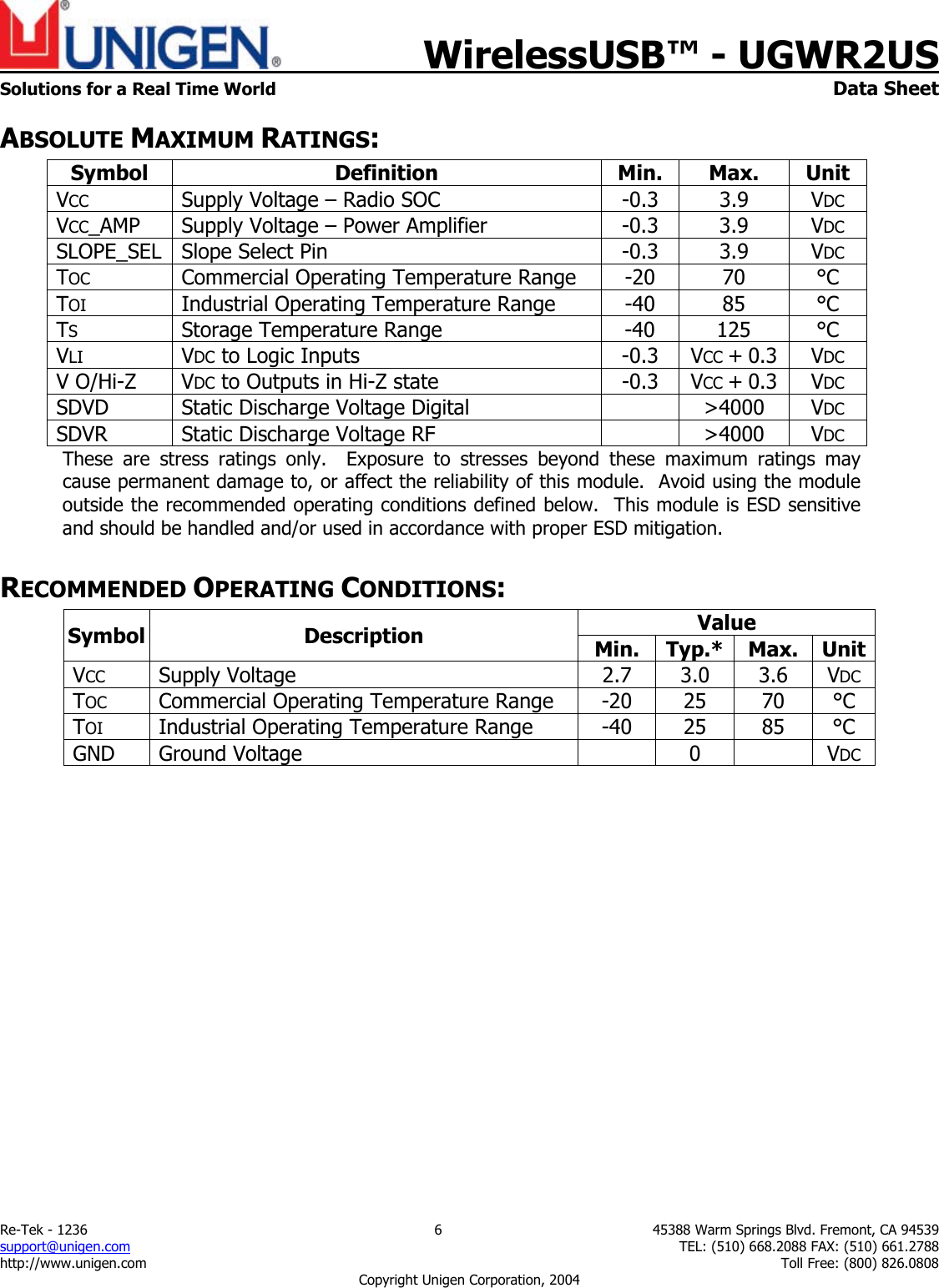    WirelessUSB&trade; - UGWR2US  Solutions for a Real Time World   Data Sheet Re-Tek - 1236  6  45388 Warm Springs Blvd. Fremont, CA 94539 support@unigen.com    TEL: (510) 668.2088 FAX: (510) 661.2788 http://www.unigen.com    Toll Free: (800) 826.0808 Copyright Unigen Corporation, 2004 ABSOLUTE MAXIMUM RATINGS: Symbol Definition Min. Max. Unit VCC  Supply Voltage &ndash; Radio SOC  -0.3  3.9  VDC VCC_AMP  Supply Voltage &ndash; Power Amplifier  -0.3  3.9  VDC SLOPE_SEL  Slope Select Pin  -0.3  3.9  VDC TOC  Commercial Operating Temperature Range  -20  70  &deg;C TOI  Industrial Operating Temperature Range  -40  85  &deg;C TS Storage Temperature Range  -40 125 &deg;C VLI VDC to Logic Inputs  -0.3  VCC + 0.3 VDC V O/Hi-Z  VDC to Outputs in Hi-Z state  -0.3  VCC + 0.3 VDC SDVD  Static Discharge Voltage Digital    >4000  VDC SDVR  Static Discharge Voltage RF    >4000  VDC These are stress ratings only.  Exposure to stresses beyond these maximum ratings may cause permanent damage to, or affect the reliability of this module.  Avoid using the module outside the recommended operating conditions defined below.  This module is ESD sensitive and should be handled and/or used in accordance with proper ESD mitigation. RECOMMENDED OPERATING CONDITIONS: Value Symbol Description  Min. Typ.* Max. UnitVCC Supply Voltage  2.7 3.0 3.6 VDC TOC  Commercial Operating Temperature Range  -20  25  70  &deg;C TOI  Industrial Operating Temperature Range  -40  25  85  &deg;C GND Ground Voltage    0    VDC  