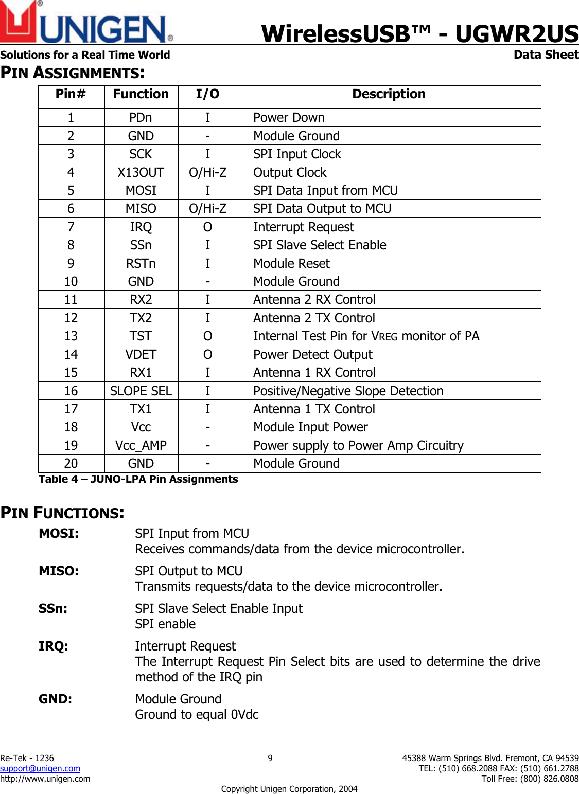    WirelessUSB&trade; - UGWR2US  Solutions for a Real Time World   Data Sheet Re-Tek - 1236  9  45388 Warm Springs Blvd. Fremont, CA 94539 support@unigen.com    TEL: (510) 668.2088 FAX: (510) 661.2788 http://www.unigen.com    Toll Free: (800) 826.0808 Copyright Unigen Corporation, 2004 PIN ASSIGNMENTS: Pin# Function I/O  Description 1 PDn I Power Down 2 GND - Module Ground 3  SCK  I  SPI Input Clock 4 X13OUT O/Hi-Z Output Clock 5  MOSI  I  SPI Data Input from MCU 6  MISO  O/Hi-Z  SPI Data Output to MCU 7 IRQ O Interrupt Request 8  SSn  I  SPI Slave Select Enable 9 RSTn I Module Reset 10 GND - Module Ground 11  RX2  I  Antenna 2 RX Control 12  TX2  I  Antenna 2 TX Control 13  TST  O  Internal Test Pin for VREG monitor of PA 14  VDET  O  Power Detect Output 15  RX1  I  Antenna 1 RX Control 16  SLOPE SEL  I  Positive/Negative Slope Detection 17  TX1  I  Antenna 1 TX Control 18  Vcc  -  Module Input Power 19  Vcc_AMP  -  Power supply to Power Amp Circuitry 20 GND - Module Ground Table 4 &ndash; JUNO-LPA Pin Assignments PIN FUNCTIONS: MOSI:   SPI Input from MCU     Receives commands/data from the device microcontroller. MISO:   SPI Output to MCU     Transmits requests/data to the device microcontroller. SSn:    SPI Slave Select Enable Input     SPI enable IRQ:    Interrupt Request     The Interrupt Request Pin Select bits are used to determine the drive method of the IRQ pin GND:  Module Ground    Ground to equal 0Vdc 