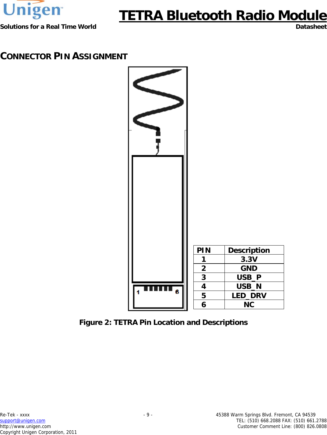      TETRA Bluetooth Radio Module Solutions for a Real Time World Datasheet Re-Tek - xxxx                                                                           - 9 -                                          45388 Warm Springs Blvd. Fremont, CA 94539 support@unigen.com                     TEL: (510) 668.2088 FAX: (510) 661.2788 http://www.unigen.com  Customer Comment Line: (800) 826.0808 Copyright Unigen Corporation, 2011  CONNECTOR PIN ASSIGNMENT                              Figure 2: TETRA Pin Location and Descriptions PIN Description 1 3.3V 2 GND 3 USB_P 4 USB_N 5 LED_DRV 6 NC 