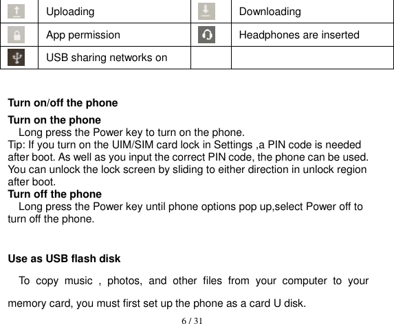  6 / 31   Uploading  Downloading  App permission  Headphones are inserted  USB sharing networks on    Turn on/off the phone Turn on the phone Long press the Power key to turn on the phone. Tip: If you turn on the UIM/SIM card lock in Settings ,a PIN code is needed after boot. As well as you input the correct PIN code, the phone can be used. You can unlock the lock screen by sliding to either direction in unlock region after boot. Turn off the phone Long press the Power key until phone options pop up,select Power off to turn off the phone.  Use as USB flash disk To  copy  music  ,  photos,  and  other  files  from  your  computer  to  your memory card, you must first set up the phone as a card U disk. 