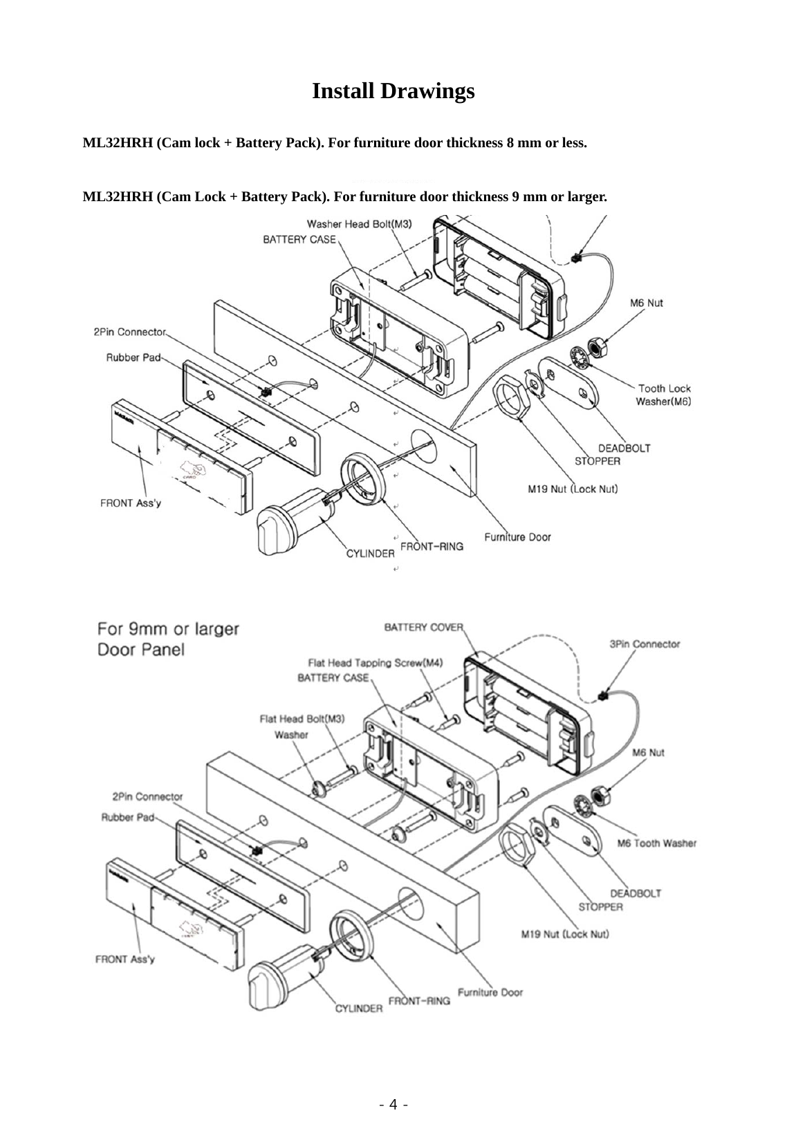  - 4 -  ML32HRH (Cam lock + Battery Pack). For furniture door thickness 8 mm or less. Install Drawings    ML32HRH (Cam Lock + Battery Pack). For furniture door thickness 9 mm or larger. 