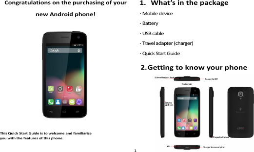   Congratulations on the purchasing of your new Android phone!                    This Quick Start Guide is to welcome and familiarize   you with the features of this phone. 1.   What’s in the package · Mobile device · Battery   · USB cable · Travel adapter (charger) · Quick Start Guide  12.Getting to know your phone   