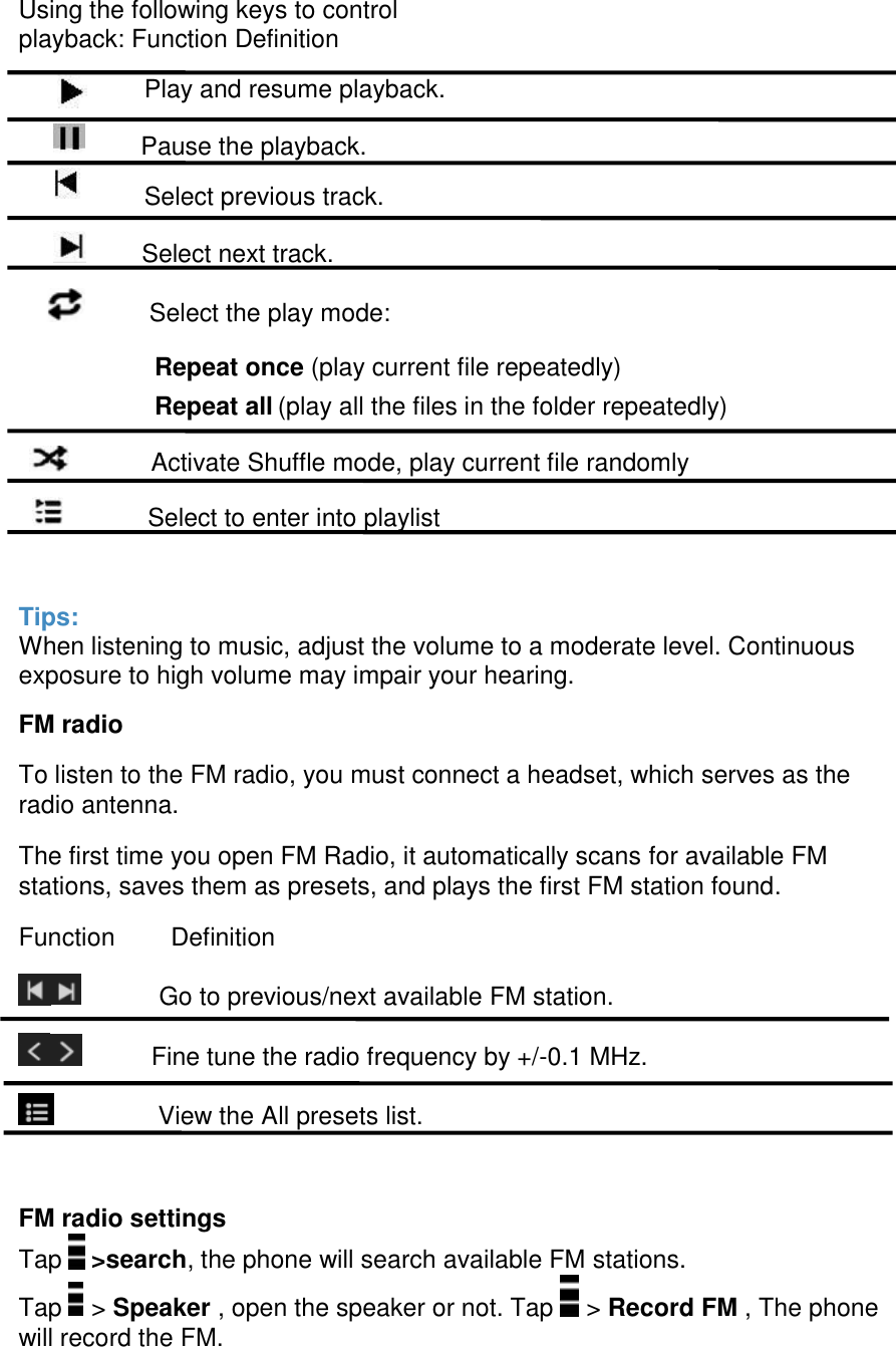   Using the following keys to control playback: Function Definition                   Play and resume playback.               Pause the playback.                   Select previous track.               Select next track.              Select the play mode: Repeat once (play current file repeatedly)  Repeat all (play all the files in the folder repeatedly)                            Activate Shuffle mode, play current file randomly                Select to enter into playlist  Tips: When listening to music, adjust the volume to a moderate level. Continuous exposure to high volume may impair your hearing. FM radio To listen to the FM radio, you must connect a headset, which serves as the radio antenna. The first time you open FM Radio, it automatically scans for available FM stations, saves them as presets, and plays the first FM station found. Function        Definition            Go to previous/next available FM station.           Fine tune the radio frequency by +/-0.1 MHz.                View the All presets list.  FM radio settings Tap   &gt;search, the phone will search available FM stations. Tap   &gt; Speaker , open the speaker or not. Tap   &gt; Record FM , The phone will record the FM.  