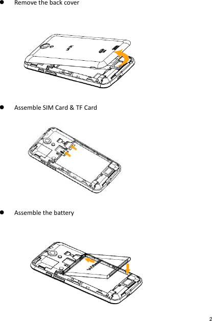  Remove the back cover   Assemble SIM Card &amp; TF Card   Assemble the battery  2 