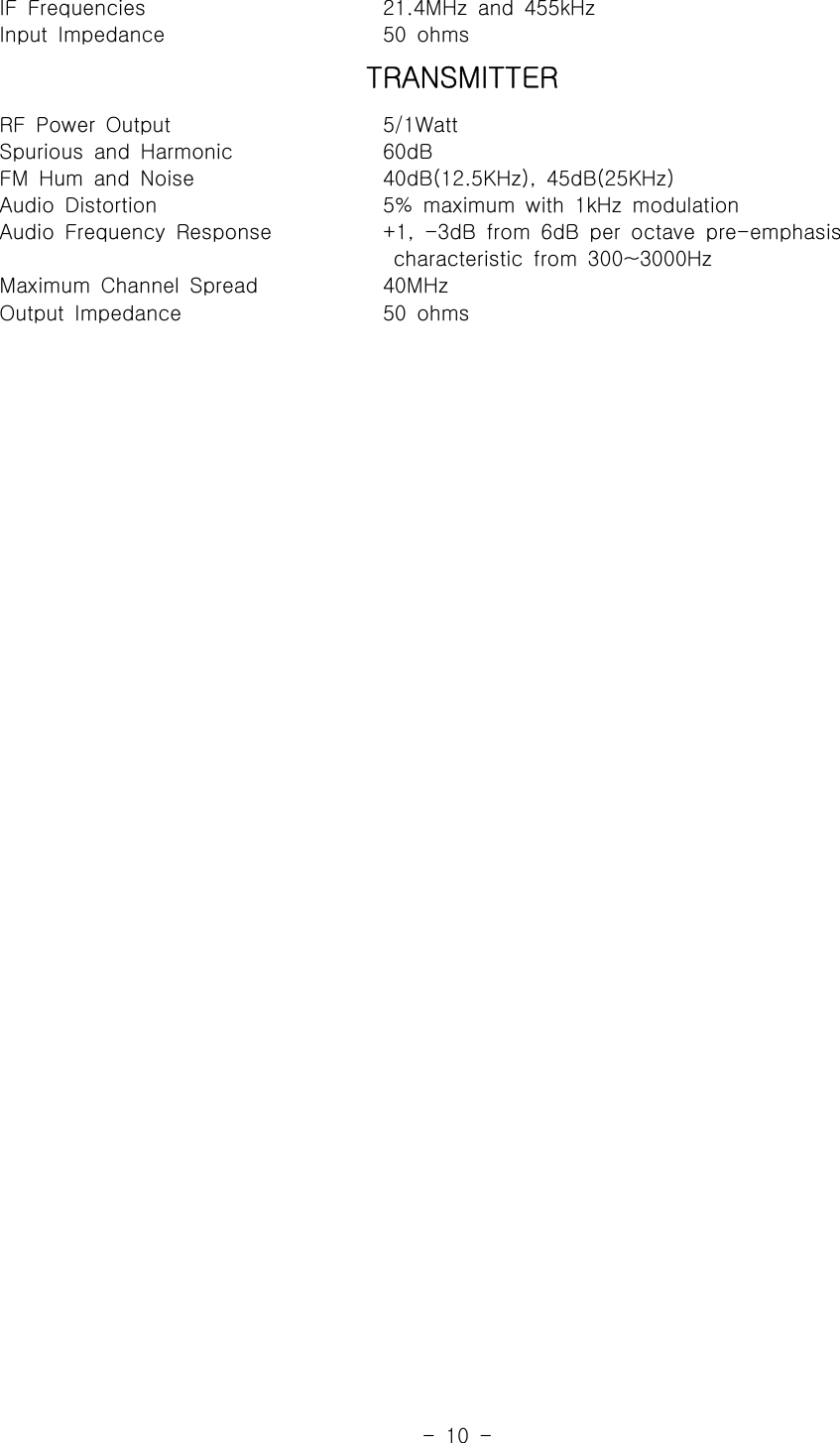 -10-IF FrequenciesInput Impedance21.4MHz and 455kHz50 ohmsTRANSMITTERRF Power OutputSpurious and HarmonicFM Hum and NoiseAudio DistortionAudio Frequency ResponseMaximum Channel SpreadOutput Impedance5/1Watt60dB40dB(12.5KHz), 45dB(25KHz)5% maximum with 1kHz modulation+1, -3dB from 6dB per octave pre-emphasischaracteristic from 300~3000Hz40MHz50 ohms