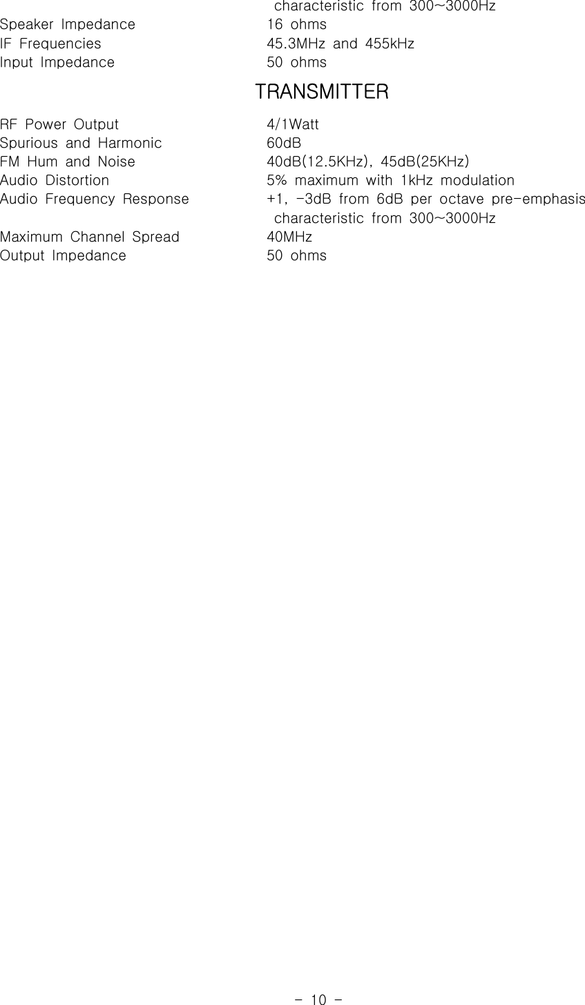 -10-Speaker ImpedanceIF FrequenciesInput Impedancecharacteristic from 300~3000Hz16 ohms45.3MHz and 455kHz50 ohmsTRANSMITTERRF Power OutputSpurious and HarmonicFM Hum and NoiseAudio DistortionAudio Frequency ResponseMaximum Channel SpreadOutput Impedance4/1Watt60dB40dB(12.5KHz), 45dB(25KHz)5% maximum with 1kHz modulation+1, -3dB from 6dB per octave pre-emphasischaracteristic from 300~3000Hz40MHz50 ohms