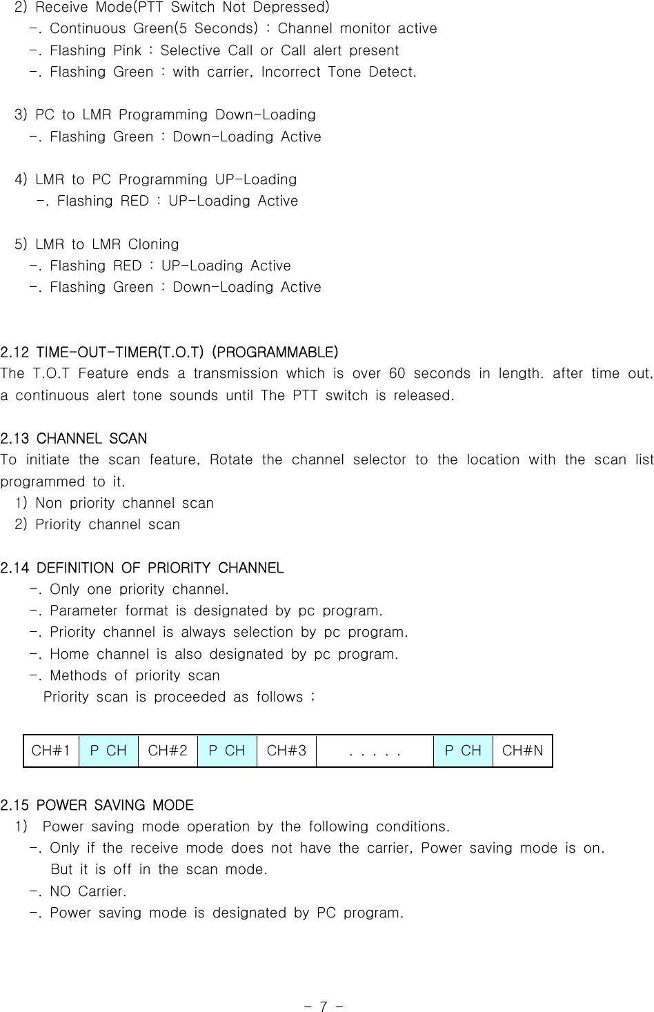 -7-2) Receive Mode(PTT Switch Not Depressed)-. Continuous Green(5 Seconds) : Channel monitor active-. Flashing Pink : Selective Call or Call alert present-. Flashing Green : with carrier, Incorrect Tone Detect.3) PC to LMR Programming Down-Loading-. Flashing Green : Down-Loading Active4) LMR to PC Programming UP-Loading-. Flashing RED : UP-Loading Active5) LMR to LMR Cloning-. Flashing RED : UP-Loading Active-. Flashing Green : Down-Loading Active2.12 TIME-OUT-TIMER(T.O.T) (PROGRAMMABLE)TheT.O.TFeatureendsatransmissionwhichisover60secondsinlength.after time out,a continuous alert tone sounds until The PTT switch is released.2.13 CHANNEL SCANTo initiate the scan feature, Rotate the channel selector to the location with the scan listprogrammed to it.1) Non priority channel scan2) Priority channel scan2.14 DEFINITION OF PRIORITY CHANNEL-. Only one priority channel.-. Parameter format is designated by pc program.-. Priority channel is always selection by pc program.-. Home channel is also designated by pc program.-. Methods of priority scanPriority scan is proceeded as follows ;CH#1 PCH CH#2 PCH CH#3 ..... PCH CH#N2.15 POWER SAVING MODE1) Power saving mode operation by the following conditions.-. Only if the receive mode does not have the carrier, Power saving mode is on.But it is off in the scan mode.-. NO Carrier.-. Power saving mode is designated by PC program.