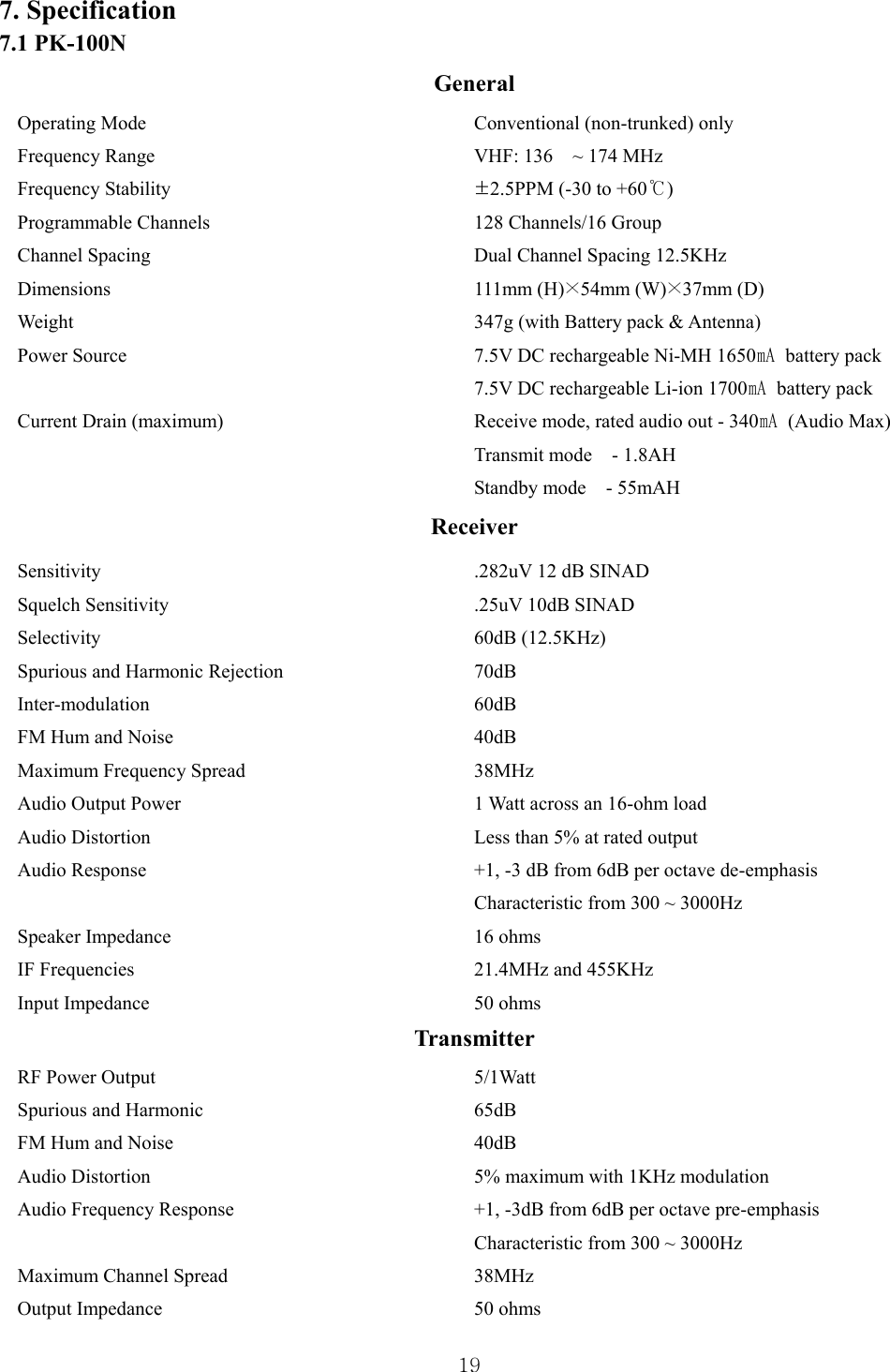  197. Specification 7.1 PK-100N General Operating Mode Frequency Range Frequency Stability Programmable Channels Channel Spacing Dimensions Weight Power Source  Current Drain (maximum)    Conventional (non-trunked) only VHF: 136    ~ 174 MHz ±2.5PPM (-30 to +60℃) 128 Channels/16 Group Dual Channel Spacing 12.5KHz 111mm (H)×54mm (W)×37mm (D)   347g (with Battery pack &amp; Antenna) 7.5V DC rechargeable Ni-MH 1650㎃ battery pack 7.5V DC rechargeable Li-ion 1700㎃ battery pack Receive mode, rated audio out - 340㎃ (Audio Max) Transmit mode  - 1.8AH Standby mode  - 55mAH Receiver Sensitivity Squelch Sensitivity Selectivity Spurious and Harmonic Rejection Inter-modulation FM Hum and Noise Maximum Frequency Spread Audio Output Power Audio Distortion Audio Response  Speaker Impedance IF Frequencies Input Impedance .282uV 12 dB SINAD .25uV 10dB SINAD 60dB (12.5KHz) 70dB 60dB  40dB  38MHz 1 Watt across an 16-ohm load Less than 5% at rated output +1, -3 dB from 6dB per octave de-emphasis Characteristic from 300 ~ 3000Hz 16 ohms 21.4MHz and 455KHz 50 ohms Transmitter RF Power Output Spurious and Harmonic FM Hum and Noise Audio Distortion Audio Frequency Response  Maximum Channel Spread Output Impedance 5/1Watt 65dB 40dB  5% maximum with 1KHz modulation +1, -3dB from 6dB per octave pre-emphasis Characteristic from 300 ~ 3000Hz 38MHz 50 ohms 