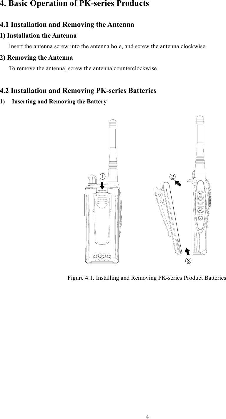  4 4. Basic Operation of PK-series Products  4.1 Installation and Removing the Antenna 1) Installation the Antenna   Insert the antenna screw into the antenna hole, and screw the antenna clockwise.   2) Removing the Antenna To remove the antenna, screw the antenna counterclockwise.    4.2 Installation and Removing PK-series Batteries 1)  Inserting and Removing the Battery          Figure 4.1. Installing and Removing PK-series Product Batteries            