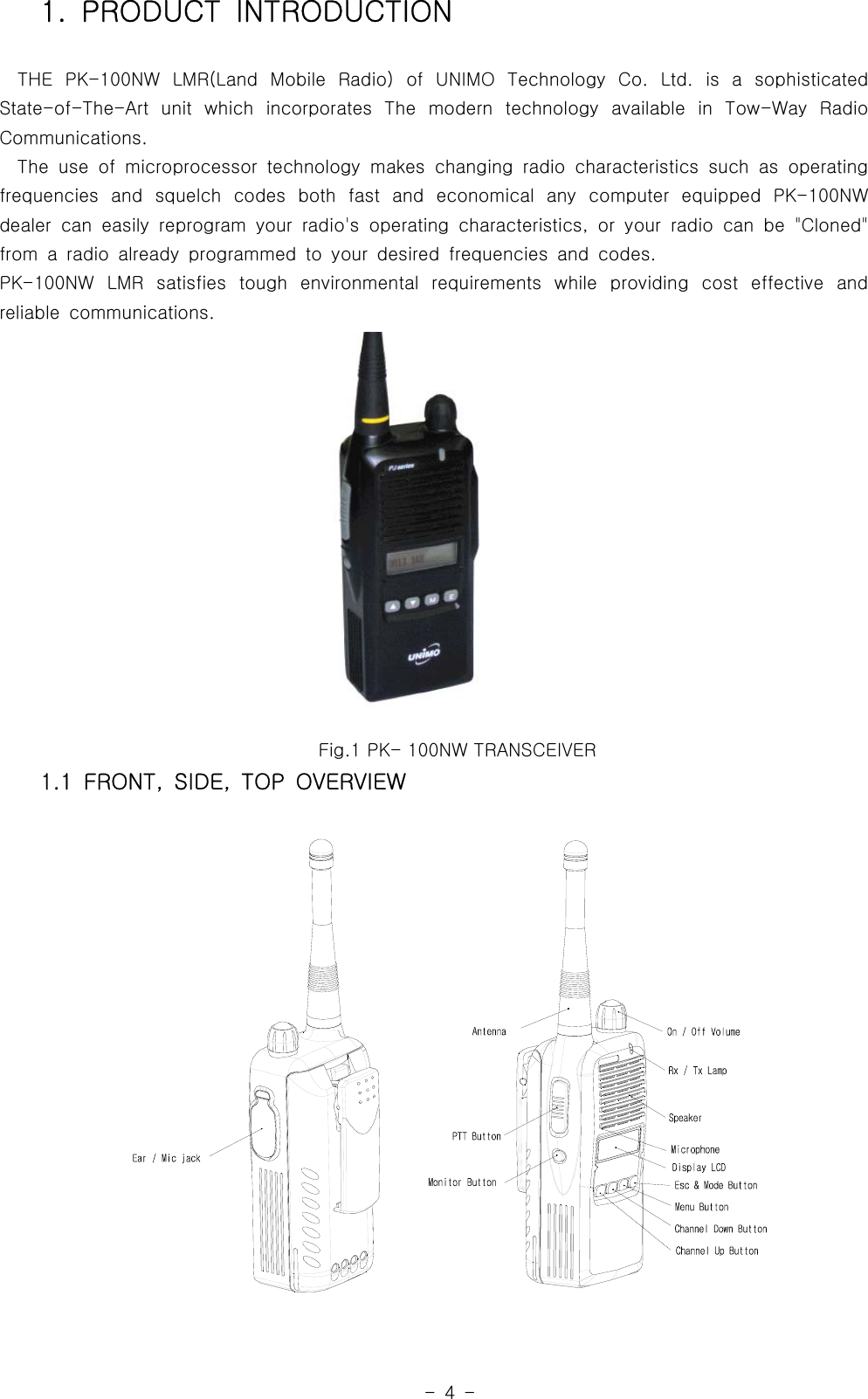 -4-1. PRODUCT INTRODUCTIONTHE PK-100NW LMR(Land Mobile Radio) of UNIMO Technology Co. Ltd. is a sophisticatedState-of-The-Art unit which incorporates The modern technology available in Tow-Way RadioCommunications.The use of microprocessor technology makes changing radio characteristics such as operatingfrequencies and squelch codes both fast and economical any computer equipped PK-100NWdealer can easily reprogram your radio&apos;s operating characteristics, or your radio can be &quot;Cloned&quot;from a radio already programmed to your desired frequencies and codes.PK-100NW LMR satisfies tough environmental requirements while providingcosteffectiveandreliable communications.Fig.1 PK- 100NW TRANSCEIVER1.1 FRONT, SIDE, TOP OVERVIEW