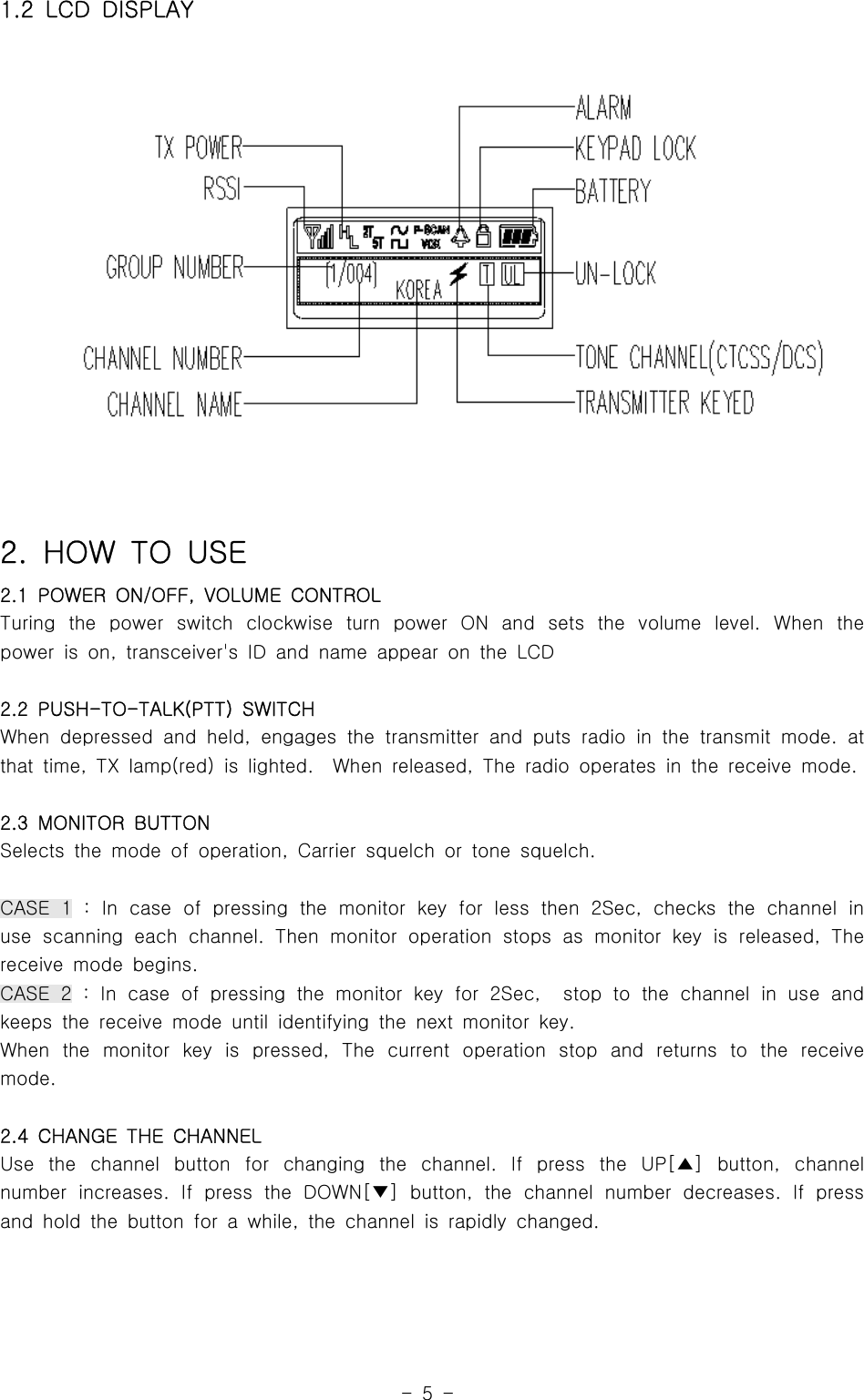 -5-1.2 LCD DISPLAY2. HOW TO USE2.1 POWER ON/OFF, VOLUME CONTROLTuring the power switch clockwise turn power ON and sets the volume level. When thepower is on, transceiver&apos;s ID and name appear on the LCD2.2 PUSH-TO-TALK(PTT) SWITCHWhen depressed and held, engages the transmitter and puts radio in the transmit mode. atthat time, TX lamp(red) is lighted. When released, The radio operates in the receive mode.2.3 MONITOR BUTTONSelects the mode of operation, Carrier squelch or tone squelch.CASE 1 : In case of pressing the monitor key for less then 2Sec, checks the channel inuse scanning each channel. Then monitor operation stops as monitor key is released, Thereceivemodebegins.CASE 2 : In case of pressing the monitor key for 2Sec, stop to the channel in useandkeeps the receive mode until identifying the next monitor key.When the monitor key is pressed, The current operation stop and returns to the receivemode.2.4 CHANGE THE CHANNELUse the channel button for changing the channel. If press the UP[ ] button, channel▲number increases. If press the DOWN[ ] button, the channel number decreases. If press▼and hold the button for a while, the channel is rapidly changed.