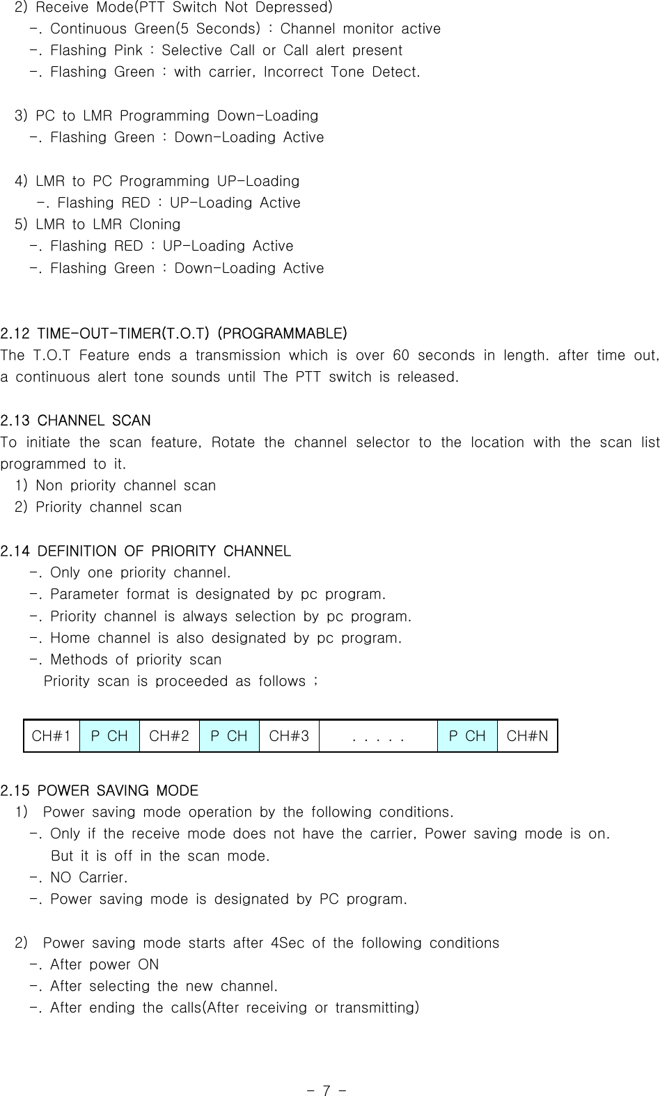 -7-2) Receive Mode(PTT Switch Not Depressed)-. Continuous Green(5 Seconds) : Channel monitor active-. Flashing Pink : Selective Call or Call alert present-. Flashing Green : with carrier, Incorrect Tone Detect.3) PC to LMR Programming Down-Loading-. Flashing Green : Down-Loading Active4) LMR to PC Programming UP-Loading-. Flashing RED : UP-Loading Active5) LMR to LMR Cloning-. Flashing RED : UP-Loading Active-. Flashing Green : Down-Loading Active2.12 TIME-OUT-TIMER(T.O.T) (PROGRAMMABLE)The T.O.T Feature ends a transmission which is over 60 seconds in length. after time out,a continuous alert tone sounds until The PTT switch is released.2.13 CHANNEL SCANTo initiate the scan feature, Rotate the channel selector to the location with the scan listprogrammed to it.1) Non priority channel scan2) Priority channel scan2.14 DEFINITION OF PRIORITY CHANNEL-. Only one priority channel.-. Parameter format is designated by pc program.-. Priority channel is always selection by pc program.-.Homechannelisalsodesignatedbypcprogram.-. Methods of priority scanPriority scan is proceeded as follows ;CH#1 PCH CH#2 PCH CH#3 ..... PCH CH#N2.15 POWER SAVING MODE1) Power saving mode operation by the following conditions.-. Only if the receive mode does not have the carrier, Power saving mode is on.But it is off in the scan mode.-. NO Carrier.-. Power saving mode is designated by PC program.2) Power saving mode starts after 4Sec of the following conditions-. After power ON-. After selecting the new channel.-. After ending the calls(After receiving or transmitting)