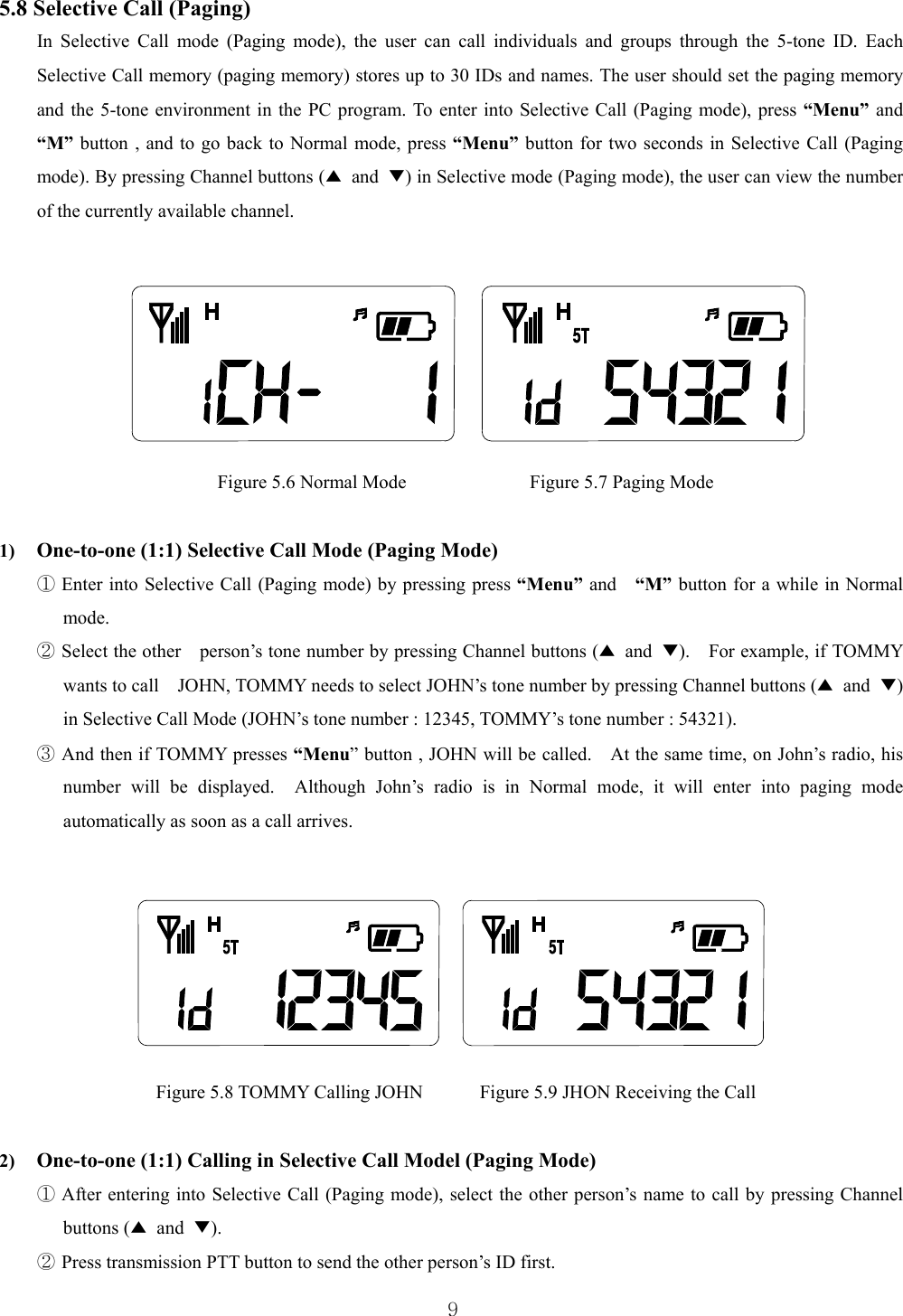  95.8 Selective Call (Paging) In Selective Call mode (Paging mode), the user can call individuals and groups through the 5-tone ID. Each Selective Call memory (paging memory) stores up to 30 IDs and names. The user should set the paging memory and the 5-tone environment in the PC program. To enter into Selective Call (Paging mode), press “Menu” and   “M” button , and to go back to Normal mode, press “Menu” button for two seconds in Selective Call (Paging mode). By pressing Channel buttons (▲ and ▼) in Selective mode (Paging mode), the user can view the number of the currently available channel.                                  Figure 5.6 Normal Mode             Figure 5.7 Paging Mode  1)  One-to-one (1:1) Selective Call Mode (Paging Mode) ① Enter into Selective Call (Paging mode) by pressing press “Menu” and    “M” button for a while in Normal mode.  ② Select the other    person’s tone number by pressing Channel buttons (▲ and ▼).    For example, if TOMMY wants to call    JOHN, TOMMY needs to select JOHN’s tone number by pressing Channel buttons (▲ and ▼) in Selective Call Mode (JOHN’s tone number : 12345, TOMMY’s tone number : 54321).   ③ And then if TOMMY presses “Menu” button , JOHN will be called.    At the same time, on John’s radio, his number will be displayed.  Although John’s radio is in Normal mode, it will enter into paging mode automatically as soon as a call arrives.            Figure 5.8 TOMMY Calling JOHN        Figure 5.9 JHON Receiving the Call  2)  One-to-one (1:1) Calling in Selective Call Model (Paging Mode) ① After entering into Selective Call (Paging mode), select the other person’s name to call by pressing Channel buttons (▲ and ▼).  ② Press transmission PTT button to send the other person’s ID first.   