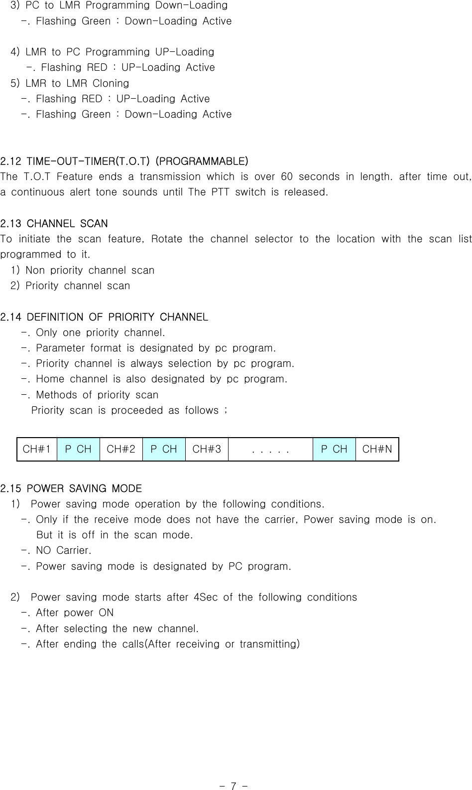 -7-3) PC to LMR Programming Down-Loading-. Flashing Green : Down-Loading Active4) LMR to PC Programming UP-Loading-. Flashing RED : UP-Loading Active5) LMR to LMR Cloning-. Flashing RED : UP-Loading Active-. Flashing Green : Down-Loading Active2.12 TIME-OUT-TIMER(T.O.T) (PROGRAMMABLE)The T.O.T Feature ends a transmission which is over 60 seconds in length. after time out,a continuous alert tone sounds until The PTT switch is released.2.13 CHANNEL SCANTo initiate the scan feature, Rotate the channel selector to the location with the scan listprogrammed to it.1) Non priority channel scan2) Priority channel scan2.14 DEFINITION OF PRIORITY CHANNEL-. Only one priority channel.-. Parameter format is designated by pc program.-. Priority channel is always selection by pc program.-.Homechannelisalsodesignatedbypcprogram.-. Methods of priority scanPriority scan is proceeded as follows ;CH#1 PCH CH#2 PCH CH#3 ..... PCH CH#N2.15 POWER SAVING MODE1) Power saving mode operation by the following conditions.-. Only if the receive mode does not have the carrier, Power saving mode is on.But it is off in the scan mode.-. NO Carrier.-. Power saving mode is designated by PC program.2) Power saving mode starts after 4Sec of the following conditions-. After power ON-. After selecting the new channel.-. After ending the calls(After receiving or transmitting)