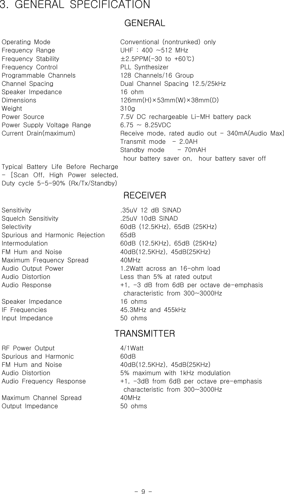 -9-3. GENERAL SPECIFICATIONGENERALOperating ModeFrequency RangeFrequency StabilityFrequency ControlProgrammable ChannelsChannel SpacingSpeaker ImpedanceDimensionsWeightPower SourcePower Supply Voltage RangeCurrent Drain(maximum)Typical Battery Life Before Recharge- [Scan Off, High Power selected,Duty cycle 5-5-90% (Rx/Tx/Standby)Conventional (nontrunked) onlyUHF : 400 ~512 MHz±2.5PPM(-30 to +60 )℃PLL Synthesizer128 Channels/16 GroupDual Channel Spacing 12.5/25kHz16 ohm126mm(H)×53mm(W)×38mm(D)310g7.5V DC rechargeable Li-MH battery pack6.75 ~ 8.25VDCReceive mode, rated audio out - 340mA(Audio Max)Transmit mode - 2.0AHStandby mode - 70mAHhour battery saver on, hour battery saver offRECEIVERSensitivitySquelch SensitivitySelectivitySpurious and Harmonic RejectionIntermodulationFM Hum and NoiseMaximum Frequency SpreadAudio Output PowerAudio DistortionAudio ResponseSpeaker ImpedanceIF FrequenciesInput Impedance.35uV 12 dB SINAD.25uV 10dB SINAD60dB (12.5KHz), 65dB (25KHz)65dB60dB (12.5KHz), 65dB (25KHz)40dB(12.5KHz), 45dB(25KHz)40MHz1.2Watt across an 16-ohm loadLess than 5% at rated output+1, -3 dB from 6dB per octave de-emphasischaracteristic from 300~3000Hz16 ohms45.3MHz and 455kHz50 ohmsTRANSMITTERRF Power OutputSpurious and HarmonicFM Hum and NoiseAudio DistortionAudio Frequency ResponseMaximum Channel SpreadOutput Impedance4/1Watt60dB40dB(12.5KHz), 45dB(25KHz)5% maximum with 1kHz modulation+1, -3dB from 6dB per octave pre-emphasischaracteristic from 300~3000Hz40MHz50 ohms