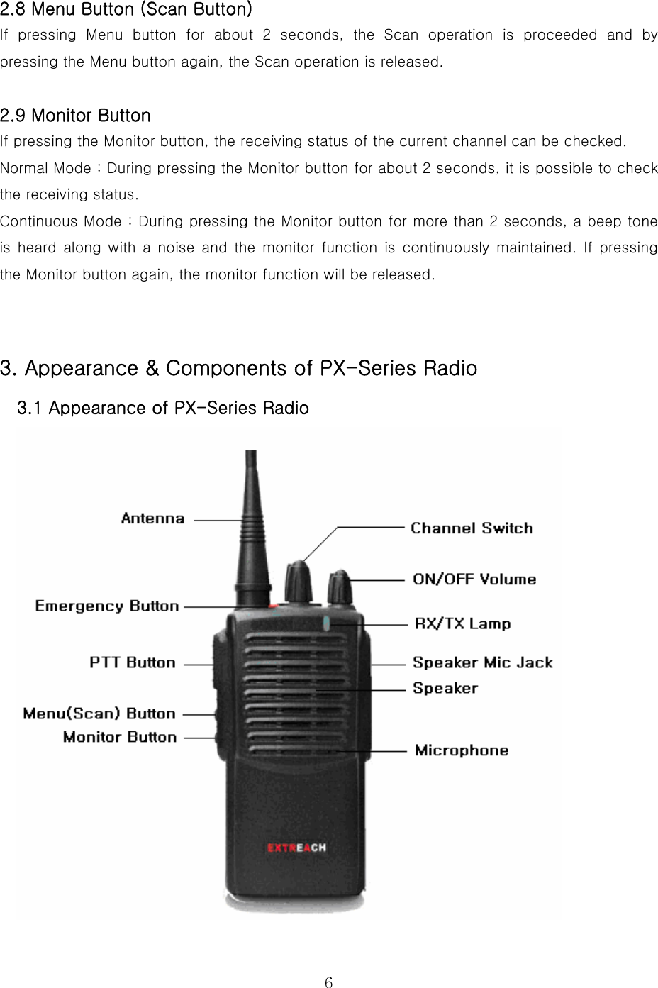  6 2.8 Menu Button (Scan Button) If  pressing  Menu  button  for  about  2  seconds,  the  Scan  operation  is  proceeded  and  by pressing the Menu button again, the Scan operation is released.   2.9 Monitor Button If pressing the Monitor button, the receiving status of the current channel can be checked.   Normal Mode : During pressing the Monitor button for about 2 seconds, it is possible to check the receiving status. Continuous Mode : During pressing the Monitor button for more than 2 seconds, a beep tone is heard along with a noise and the monitor function is continuously  maintained.  If  pressing the Monitor button again, the monitor function will be released.   3. Appearance &amp; Components of PX-Series Radio 3.1 Appearance of PX-Series Radio  