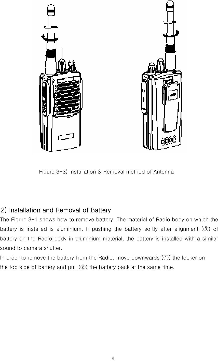  8  Figure 3-3) Installation &amp; Removal method of Antenna    2) Installation and Removal of Battery The Figure 3-1 shows how to remove battery. The material of Radio body on which the battery is installed is aluminium. If pushing the battery softly  after  alignment  (③)  of battery on the Radio body in aluminium material, the battery is installed with a similar sound to camera shutter.   In order to remove the battery from the Radio, move downwards (①) the locker on the top side of battery and pull (②) the battery pack at the same time.   