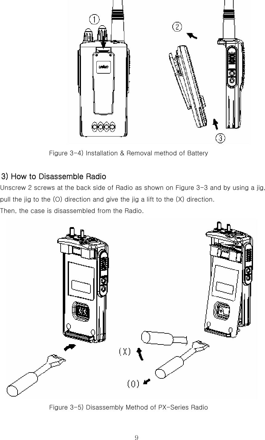  9                   Figure 3-4) Installation &amp; Removal method of Battery  3) How to Disassemble Radio Unscrew 2 screws at the back side of Radio as shown on Figure 3-3 and by using a jig, pull the jig to the (O) direction and give the jig a lift to the (X) direction.   Then, the case is disassembled from the Radio.  Figure 3-5) Disassembly Method of PX-Series Radio 