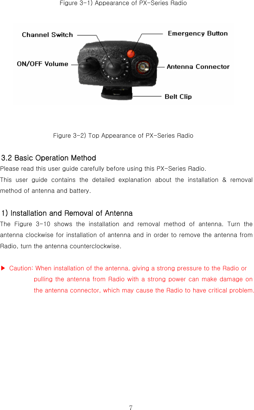  7 Figure 3-1) Appearance of PX-Series Radio     Figure 3-2) Top Appearance of PX-Series Radio  3.2 Basic Operation Method Please read this user guide carefully before using this PX-Series Radio. This  user  guide  contains  the  detailed  explanation  about  the  installation  &amp;  removal method of antenna and battery.    1) Installation and Removal of Antenna The  Figure  3-10  shows  the  installation  and  removal  method  of  antenna.  Turn  the antenna clockwise for installation of antenna and in order to remove the antenna from Radio, turn the antenna counterclockwise.  ▶  Caution: When installation of the antenna, giving a strong pressure to the Radio or pulling the antenna from Radio with a strong power can make damage on the antenna connector, which may cause the Radio to have critical problem. 