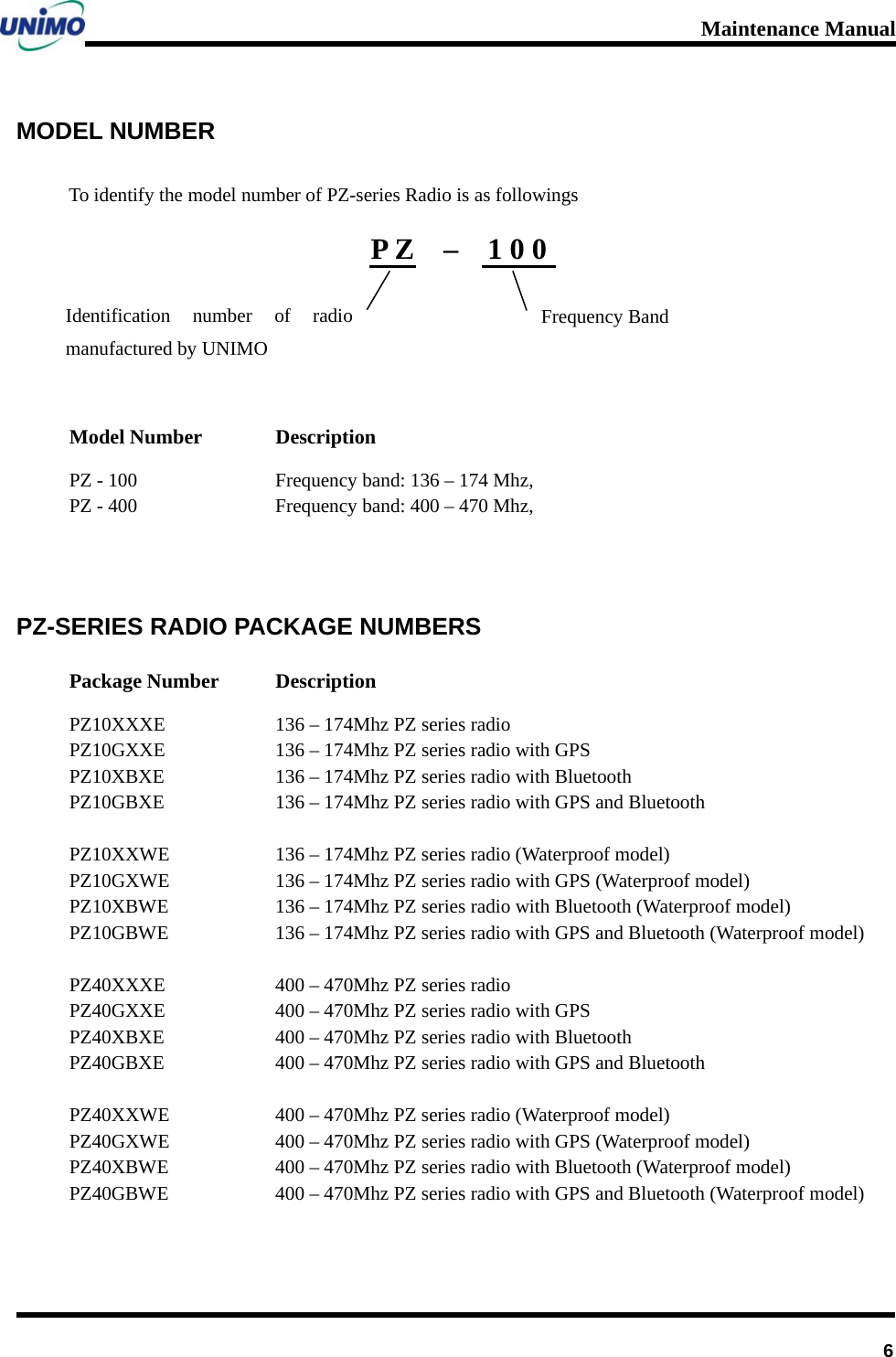 Maintenance Manual      6MODEL NUMBER To identify the model number of PZ-series Radio is as followings P Z  –  1 0 0     Model Number  Description PZ - 100  Frequency band: 136 – 174 Mhz,   PZ - 400  Frequency band: 400 – 470 Mhz,   PZ-SERIES RADIO PACKAGE NUMBERS Package Number  Description PZ10XXXE PZ10GXXE PZ10XBXE PZ10GBXE  PZ10XXWE PZ10GXWE PZ10XBWE PZ10GBWE  PZ40XXXE PZ40GXXE PZ40XBXE PZ40GBXE  PZ40XXWE PZ40GXWE PZ40XBWE PZ40GBWE 136 – 174Mhz PZ series radio 136 – 174Mhz PZ series radio with GPS 136 – 174Mhz PZ series radio with Bluetooth 136 – 174Mhz PZ series radio with GPS and Bluetooth  136 – 174Mhz PZ series radio (Waterproof model) 136 – 174Mhz PZ series radio with GPS (Waterproof model) 136 – 174Mhz PZ series radio with Bluetooth (Waterproof model) 136 – 174Mhz PZ series radio with GPS and Bluetooth (Waterproof model)  400 – 470Mhz PZ series radio 400 – 470Mhz PZ series radio with GPS 400 – 470Mhz PZ series radio with Bluetooth 400 – 470Mhz PZ series radio with GPS and Bluetooth  400 – 470Mhz PZ series radio (Waterproof model) 400 – 470Mhz PZ series radio with GPS (Waterproof model) 400 – 470Mhz PZ series radio with Bluetooth (Waterproof model) 400 – 470Mhz PZ series radio with GPS and Bluetooth (Waterproof model)  Identification number of radio manufactured by UNIMO Frequency Band 