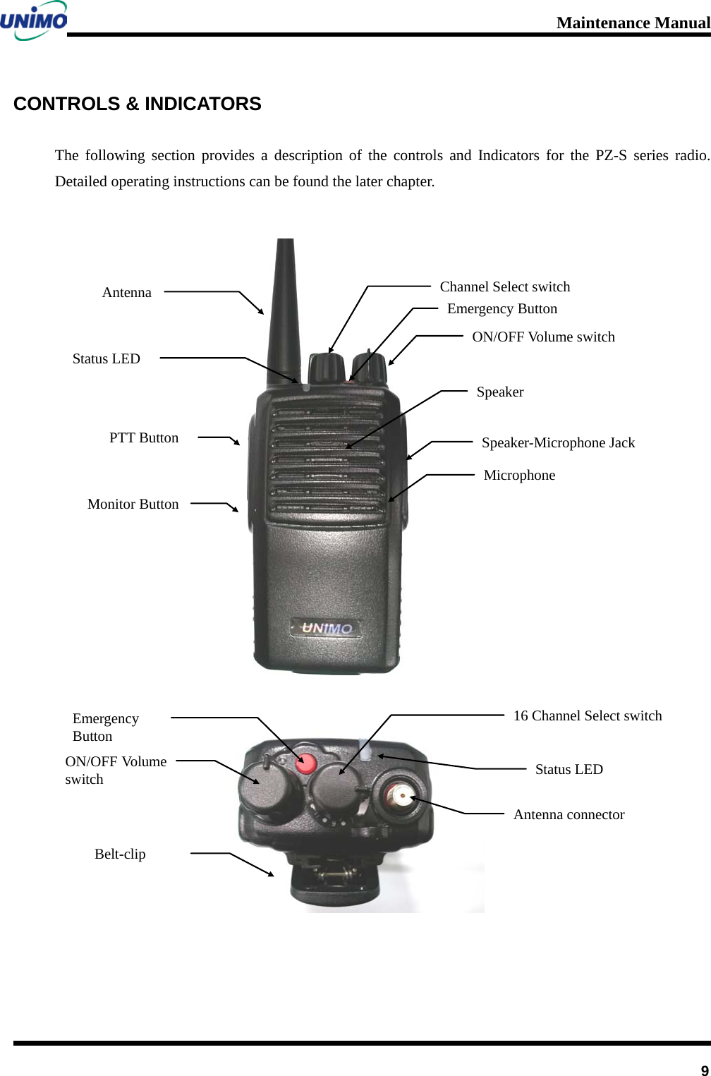 Maintenance Manual         9 CONTROLS &amp; INDICATORS   The following section provides a description of the controls and Indicators for the PZ-S series radio. Detailed operating instructions can be found the later chapter.   Antenna          Channel Select switch         Emergency Button         ON/OFF Volume switch         Speaker-Microphone Jack           Speaker         Microphone         PTT Button          Monitor Button        Status LED          Emergency Button         Antenna connector         Status LED          16 Channel Select switch         ON/OFF Volume switch       Belt-clip       